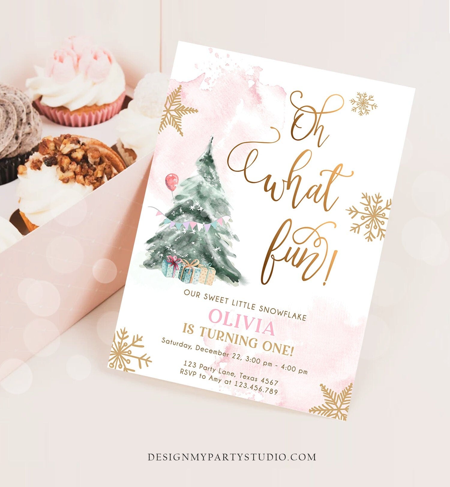 Editable Oh What Fun! Holiday 1st Winter Birthday Invitation Winter Christmas Party Tree Girl Pink Gold Digital Template Printable 0363