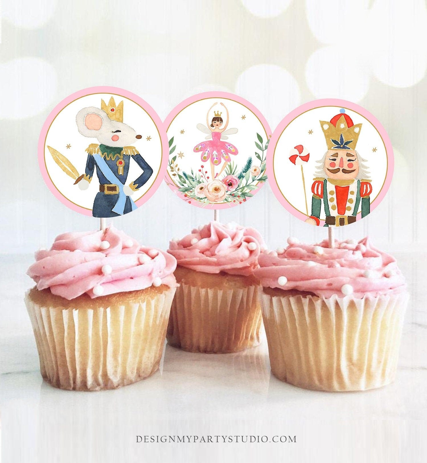 Nutcracker Cupcake Toppers Nutcracker Birthday Party Decorations Sugar Plum Fairy Girl Pink Stickers Tags Digital Download Printable 0352