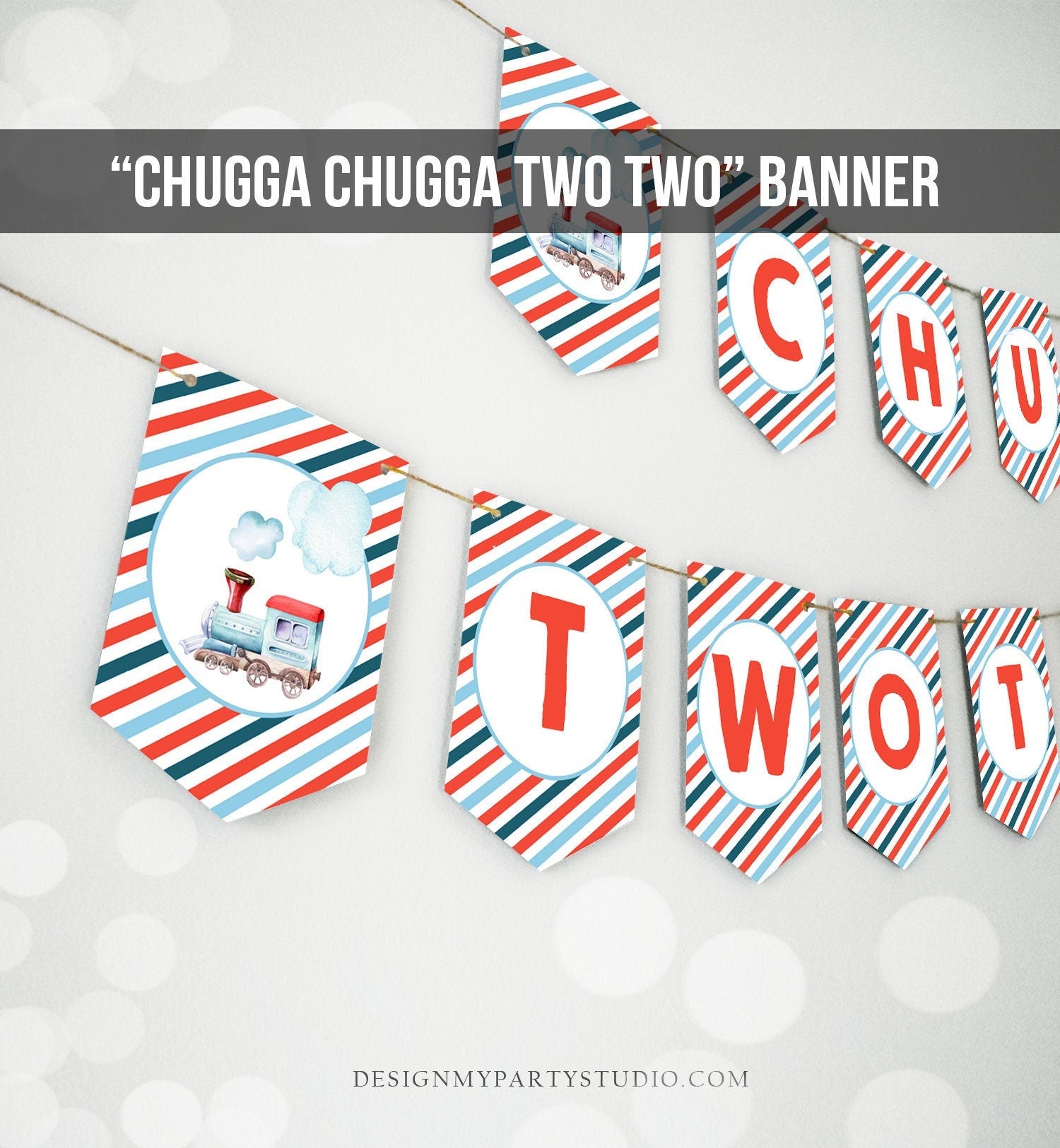 Train Birthday Banner Chugga Chugga Two Two Party Banner Birthday Boy Blue Red Train Decorations Instant Digital Download Printable 0149