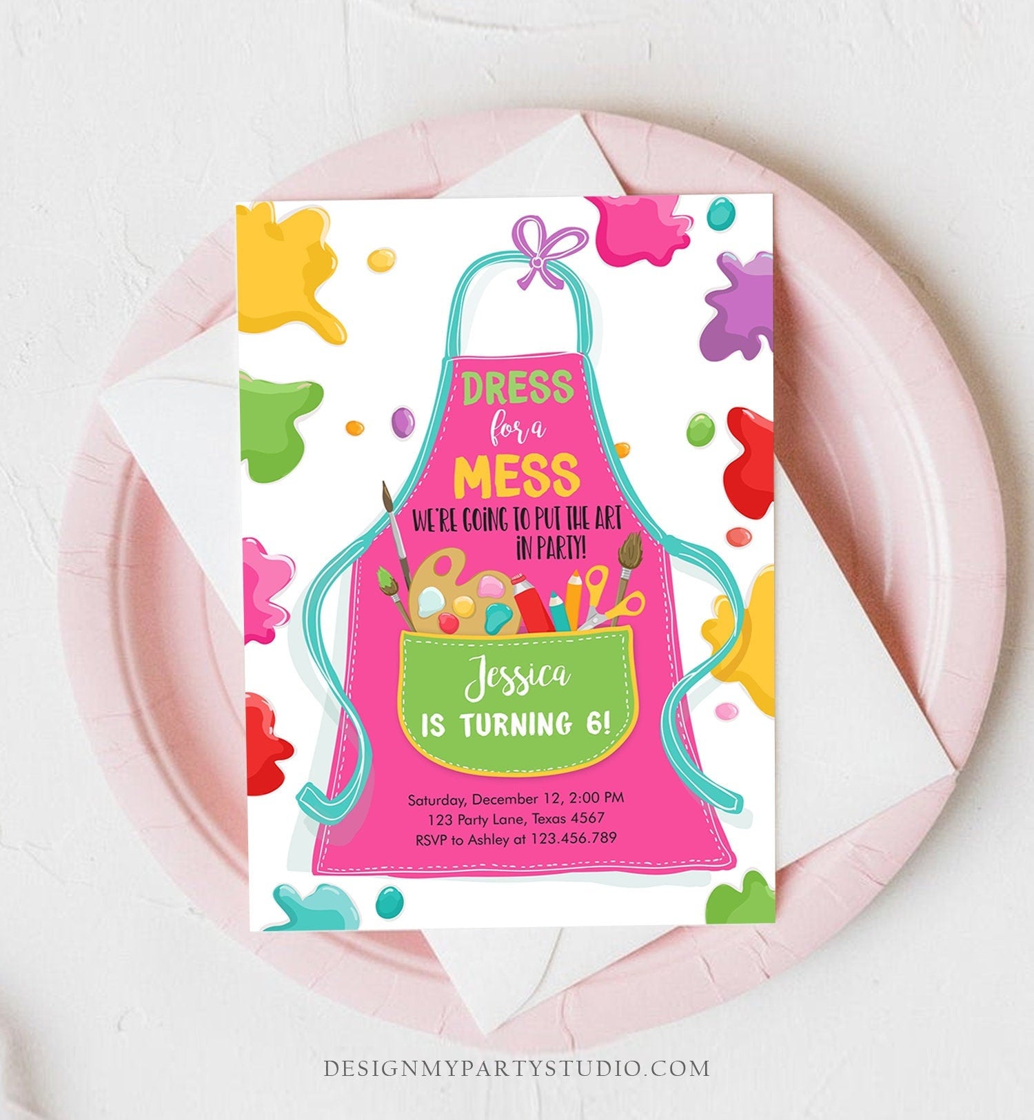 Editable Painting Party Invitation Art Party Birthday Invite Girl Pink Paint Craft Party Download Printable Template Digital Corjl 0319