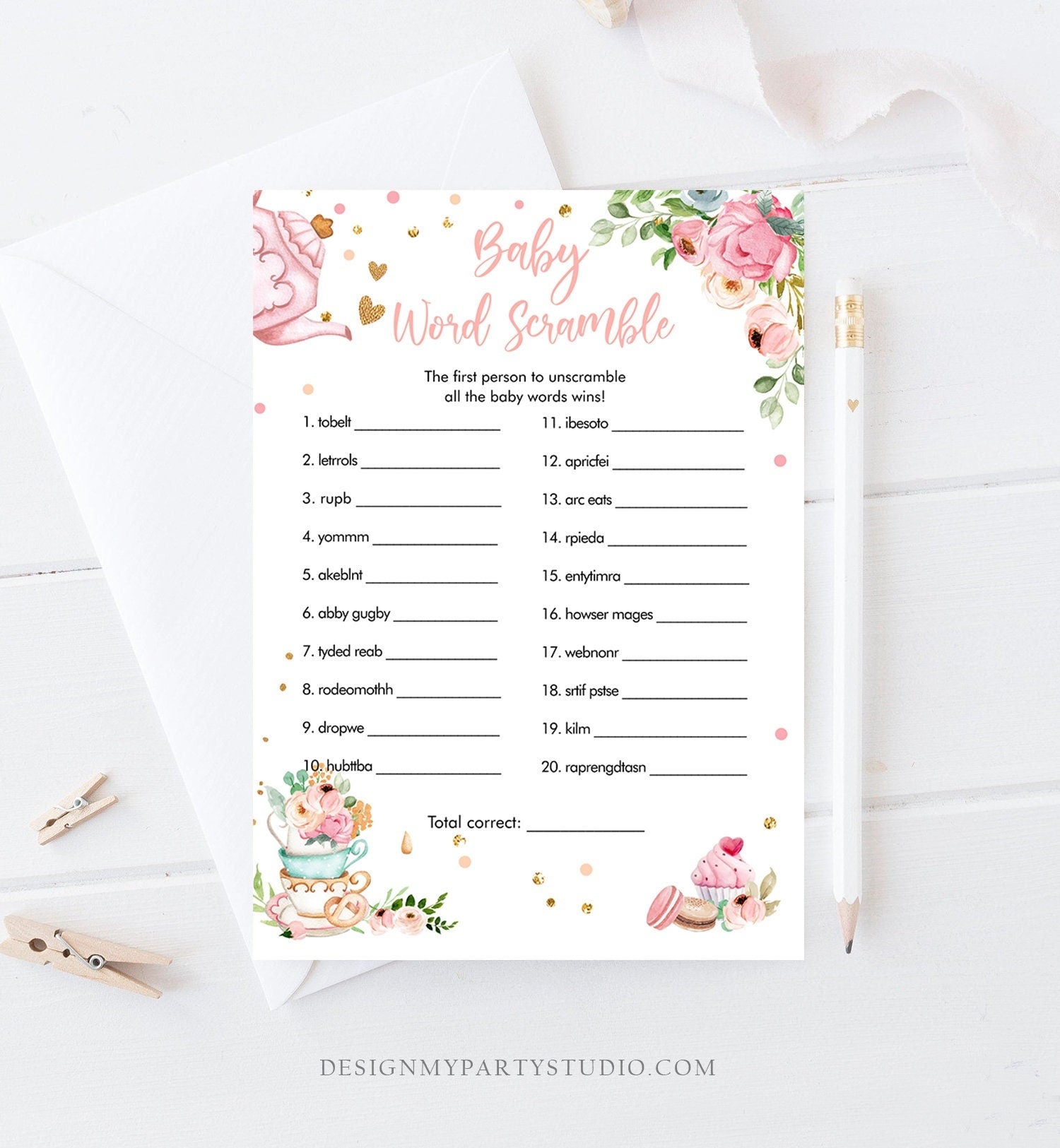Editable Word Scramble Baby Shower Game Word Search Tea Party Baby is Brewing Game Pink Shower Activity Digital Template Printable 0349