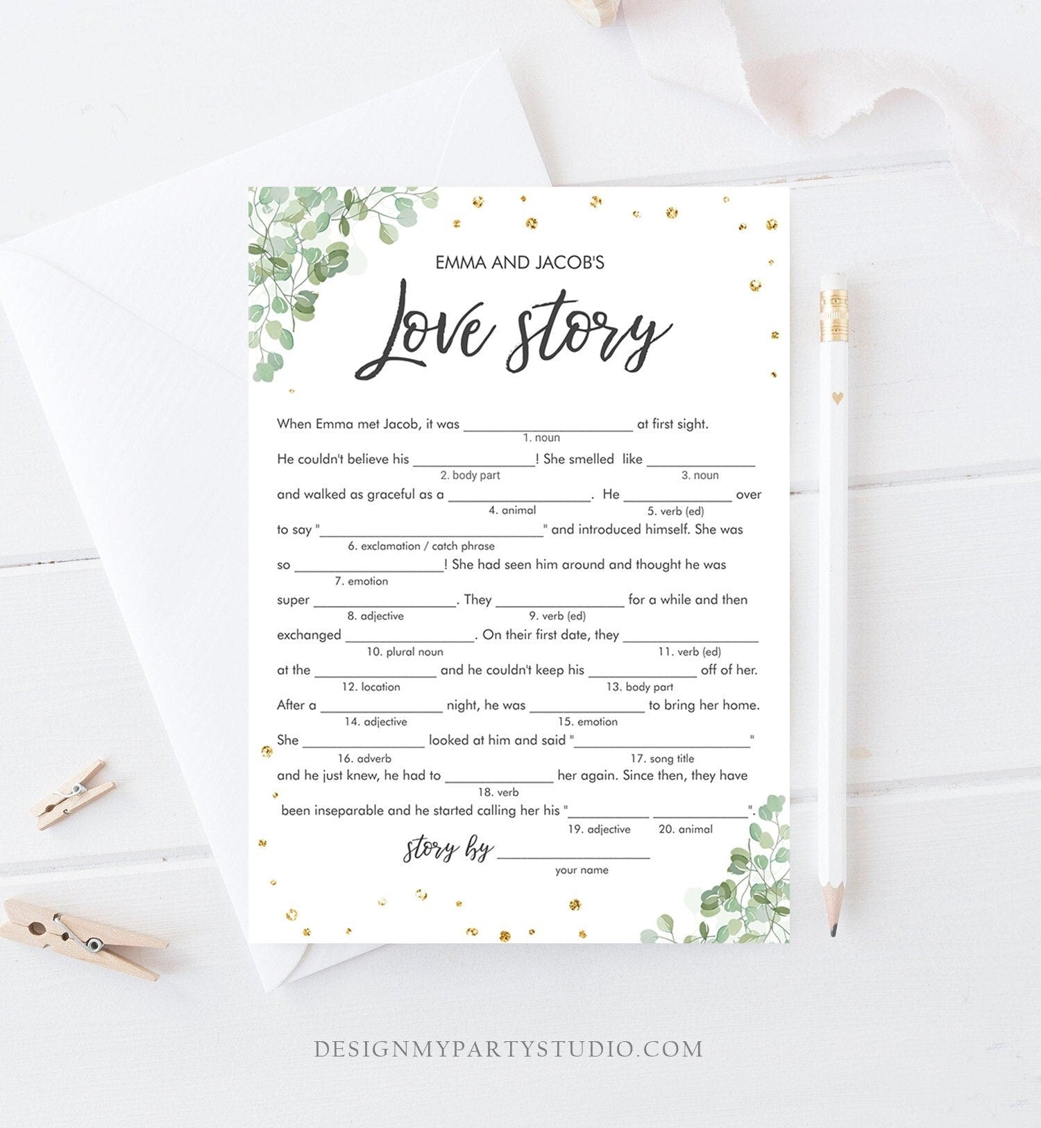 Editable Love Story Bridal Shower Game Funny Eucalyptus Gold Confetti Shower Activity Wedding Foliage Download Corjl Template 0030 0318