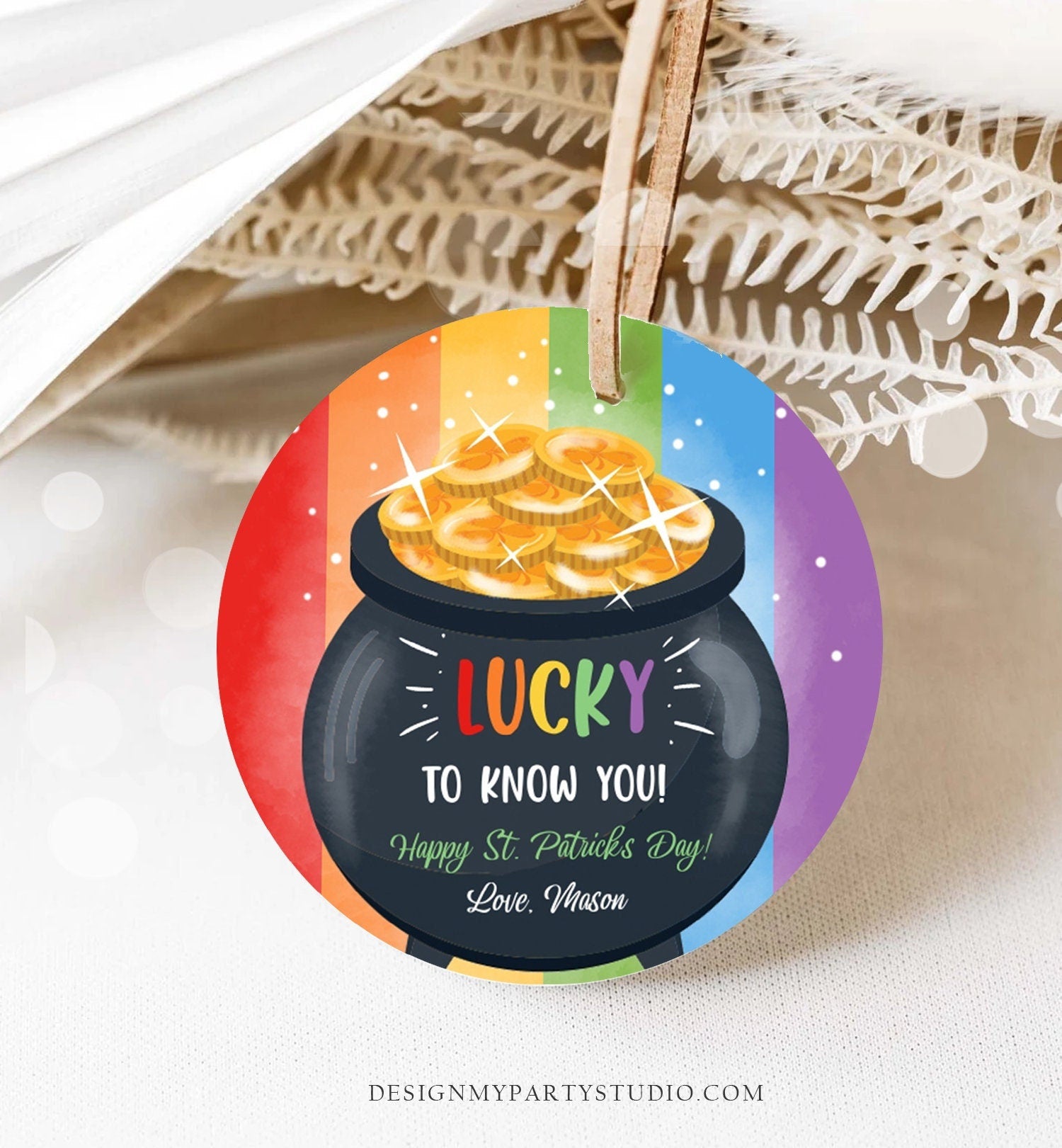 Editable St. Patrick's Day Tag Pot of Gold Favor Tags Glassroom Gift Kids Rainbow Teacher Friend Class Treats St Paddys Template Corjl 0451