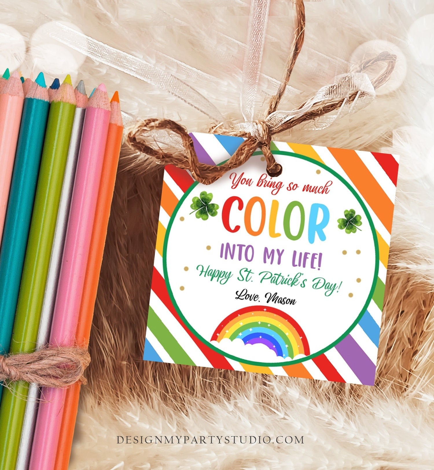 Editable Chasing Rainbows Tag St Patrick's Day Favor Tags Gift Kids Crayons Pot of Gold Shamrock Leprechaun Digital Template Printable 0451