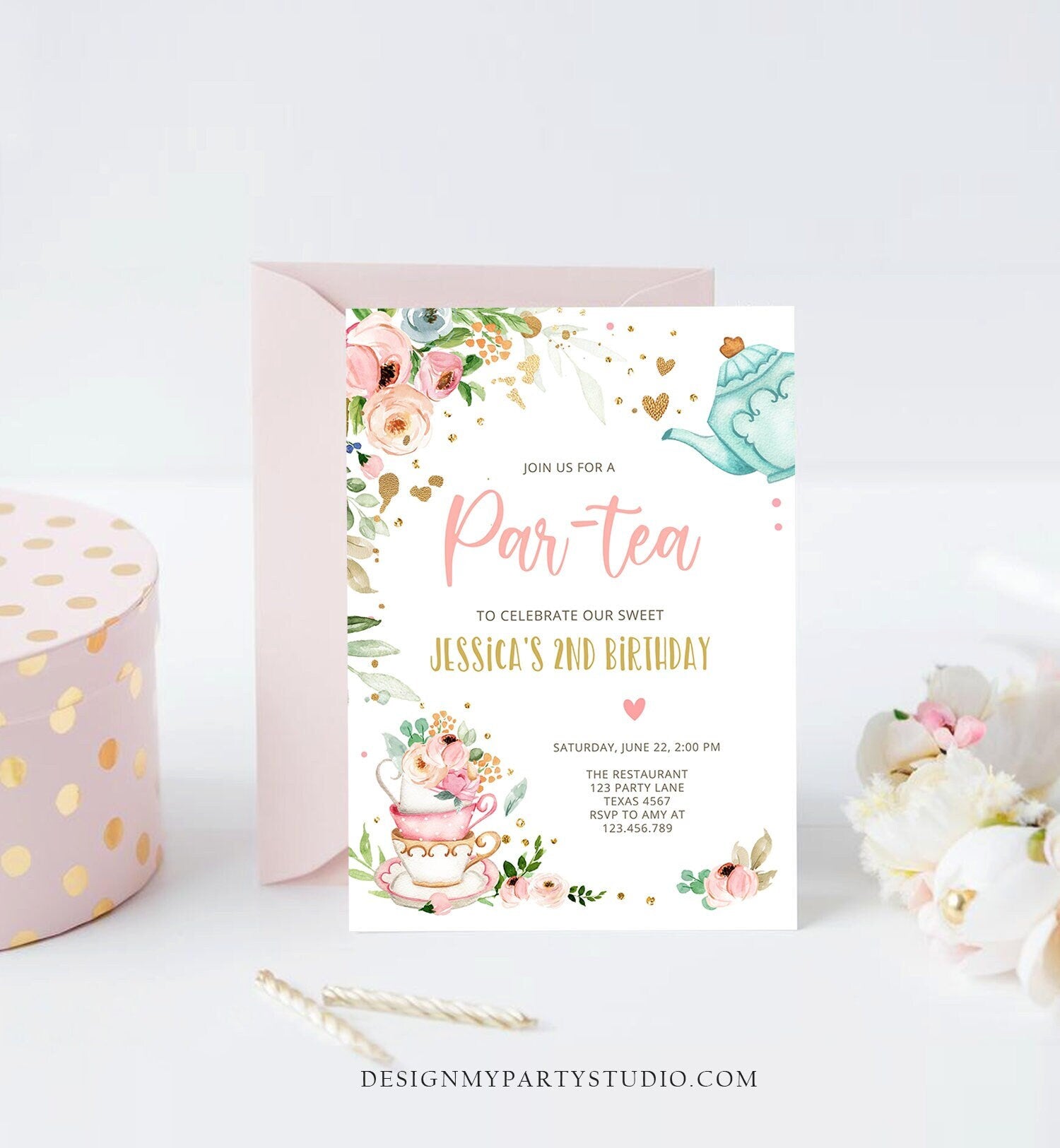 Editable Tea Party Birthday Invitation Par-Tea Birthday Invite Pink and Gold Floral Whimsical Digital Download Evite Template Printable 0349