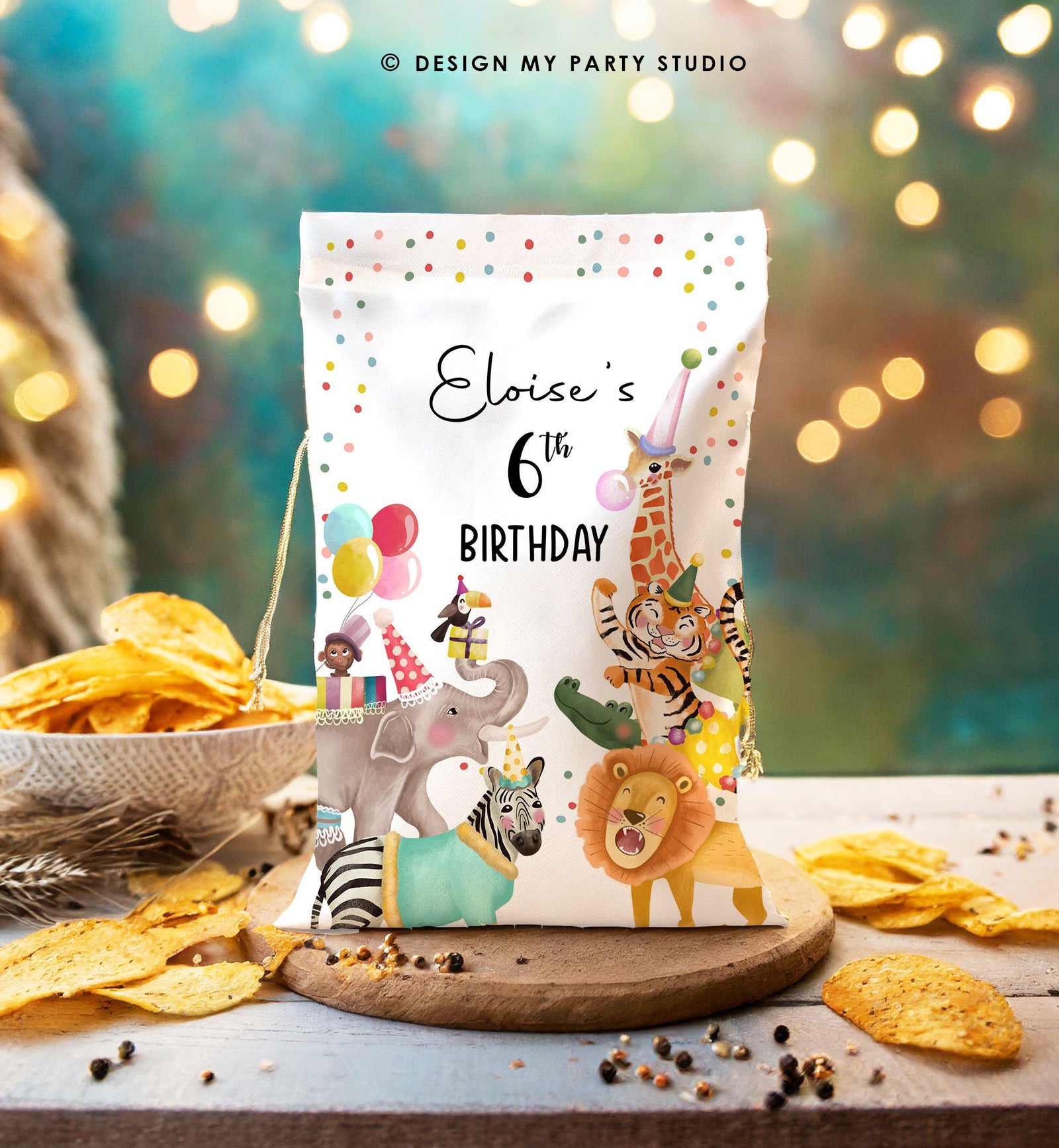 Editable Party Animals Birthday Chip Bag Wild One Decor Boy Girl Safari Animals Snack Favors Zoo Wild Three Digital Template Printable 0482