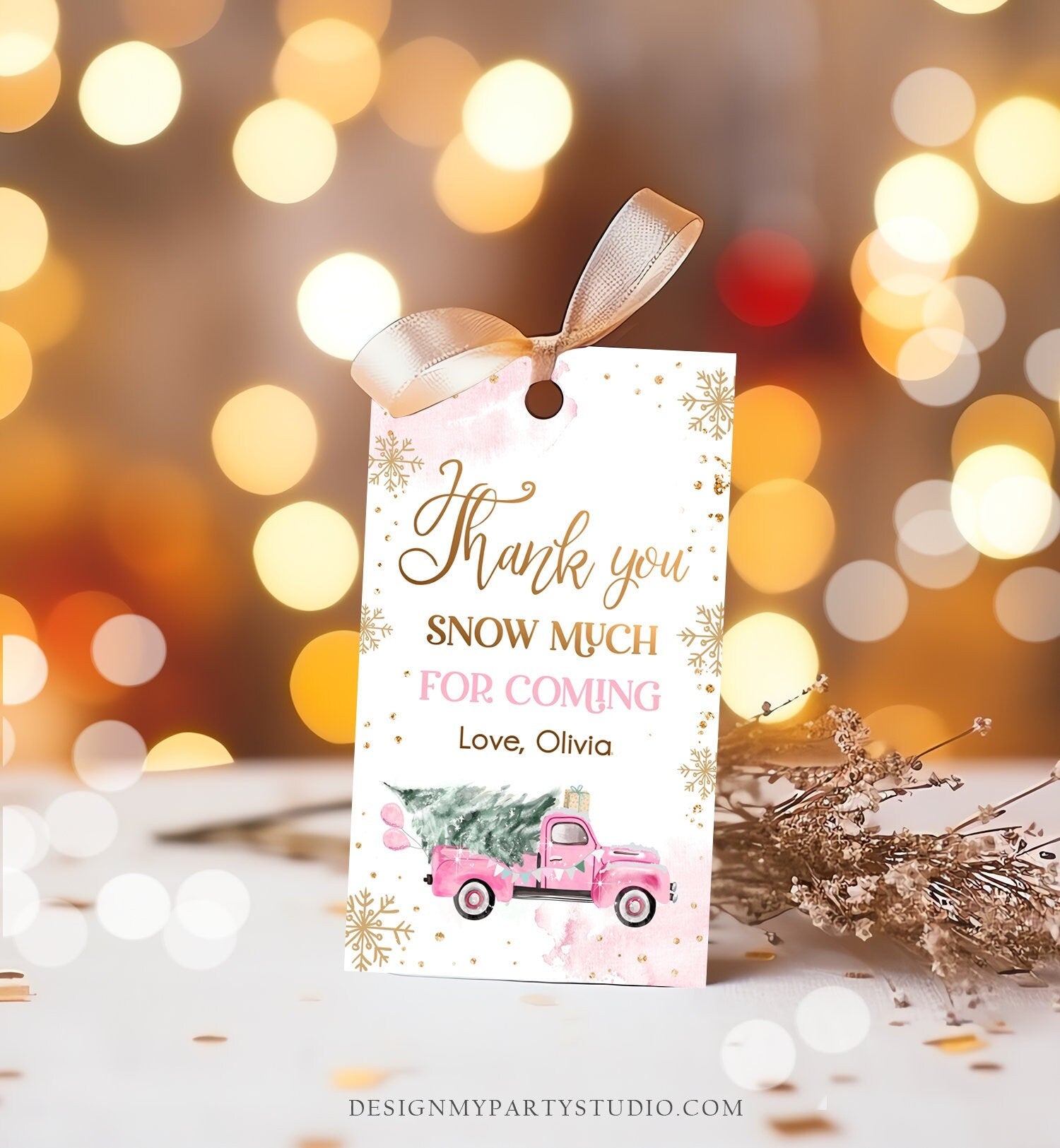 Editable Winter Onederland Favor Tag Christmas Tree Thank You Snow Much Pink Truck Birthday 1st Gift Girl Digital Template Printable 0495