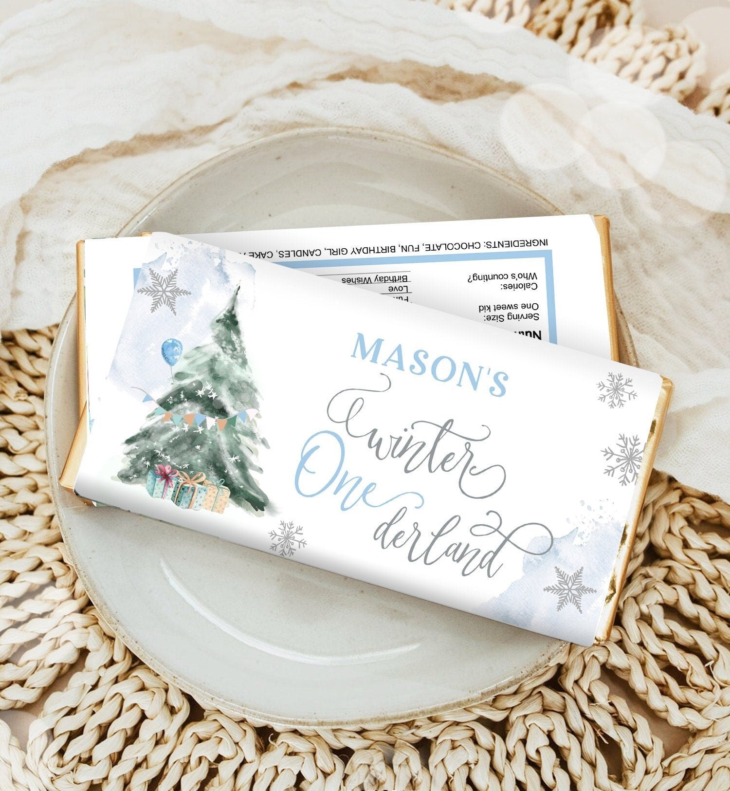 Editable Winter ONEderland Chocolate Bar Labels Candy Bar Wrapper Boy First Birthday Christmas Tree Digital Download Template Printable 0363