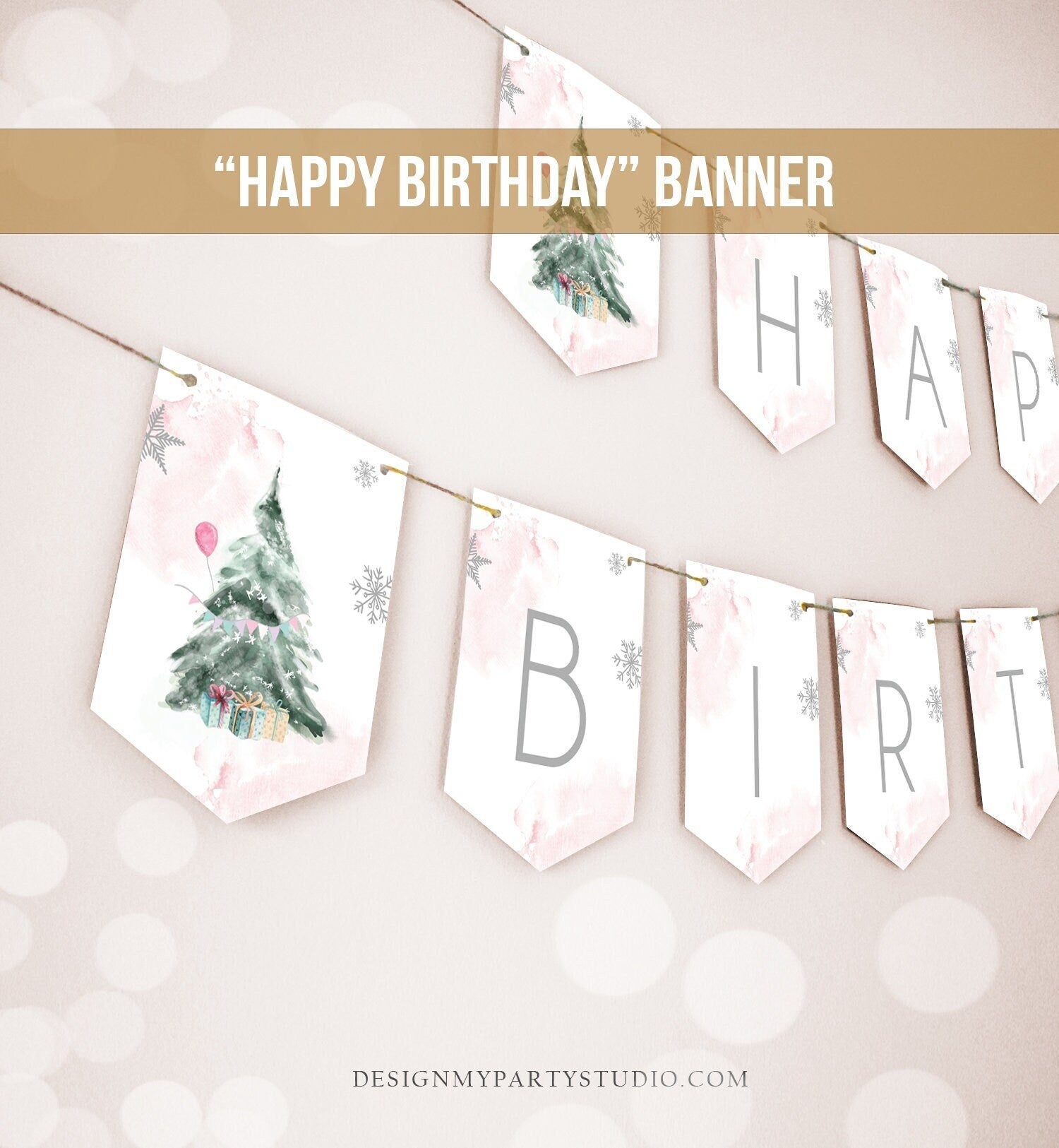 Happy Birthday Banner Winter Tree Birthday Girl Winter Onederland Magical Winter Christmas Silver Pink Digital Download Printable 0363