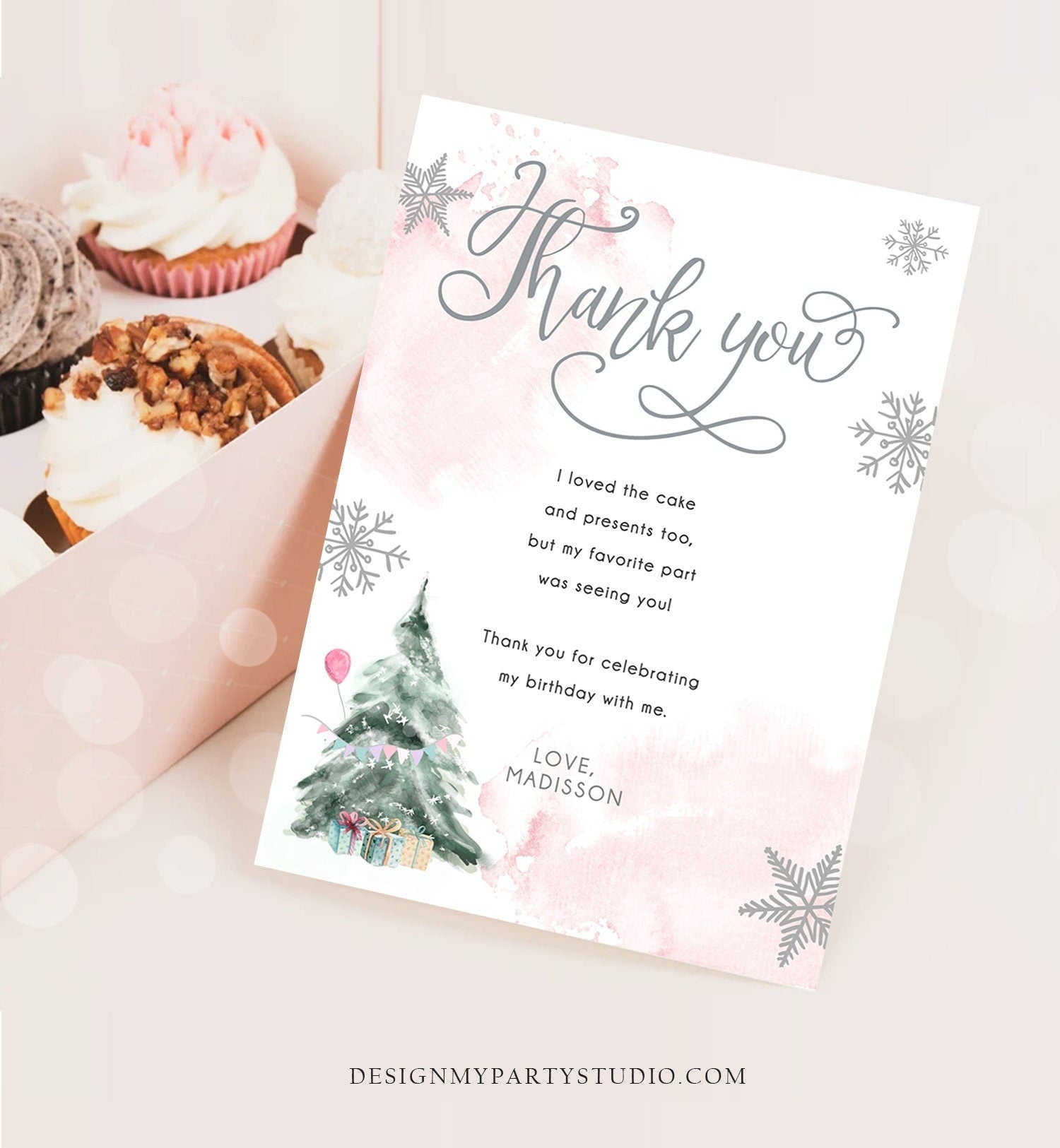 Editable Winter Tree Thank You Card Watercolor Birthday Winter Onederland Pink Girl Christmas Snow Snowflake Digital Template Printable 0363