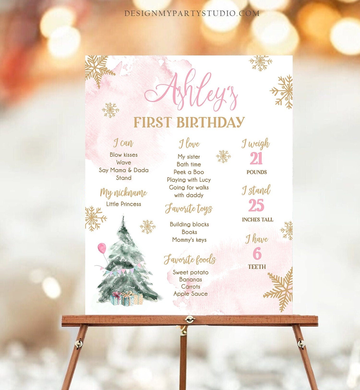 Editable Winter Tree Birthday Milestones Sign Winter Onederland Watercolor First Birthday Girl Gold Pink Digital Template Printable 0363