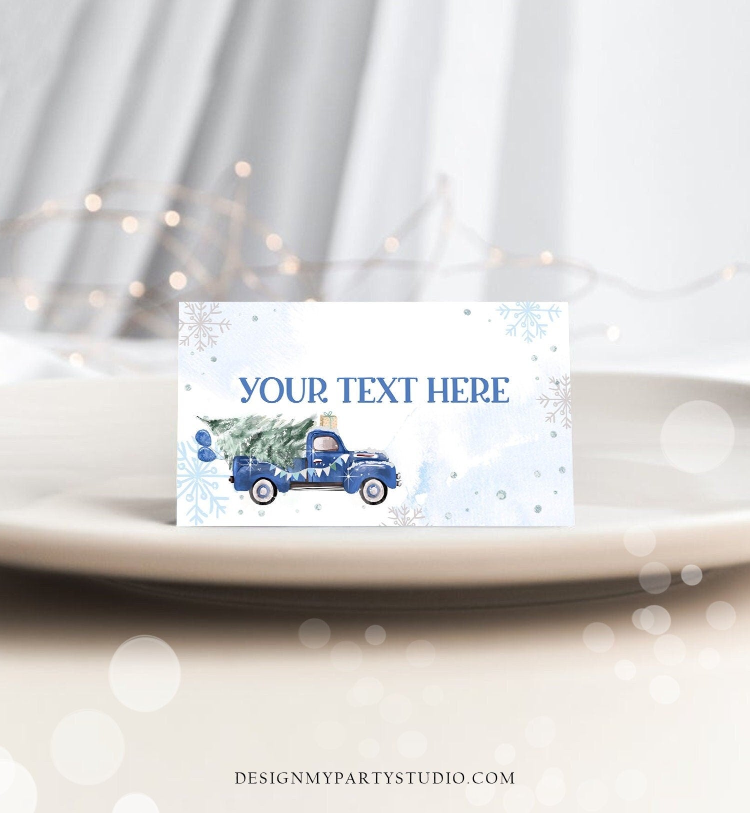 Editable Winter Truck Food Label Place Card Tent Card Escort Holiday Party Christmas Blue Truck Winter Tree Digital Template Printable 0495