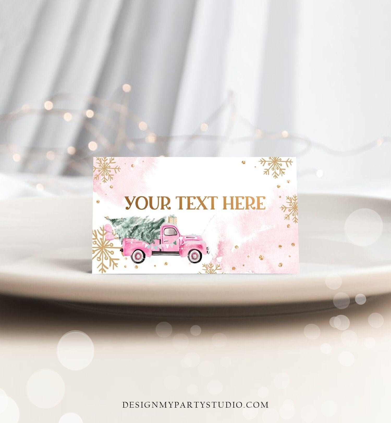 Editable Winter Truck Food Label Place Card Tent Card Escort Holiday Party Christmas Pink Truck Winter Tree Digital Template Printable 0495