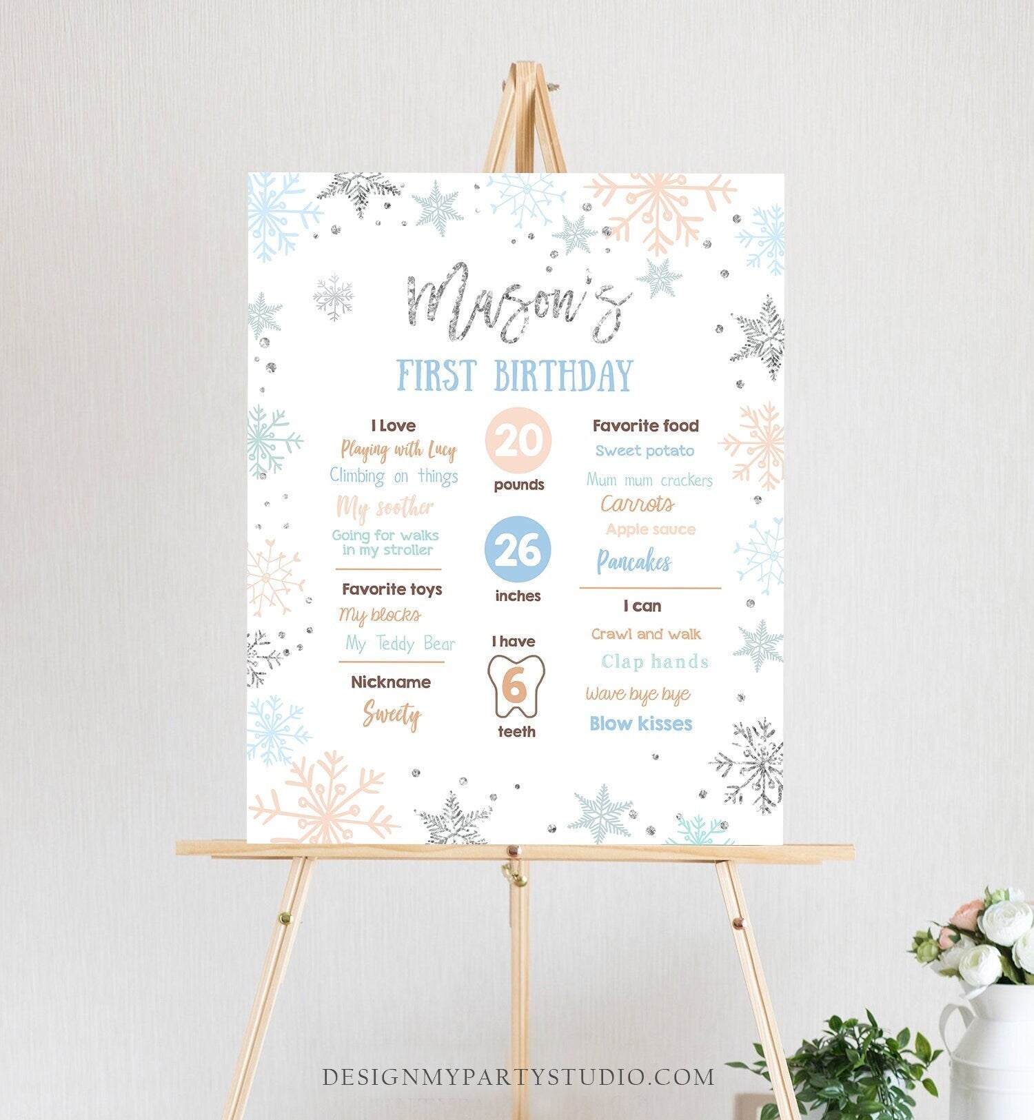 Editable Winter Birthday Milestones Sign Winter Onederland First Birthday Boy Blue Silver Snowflakes Floral Digital Template Printable 0256
