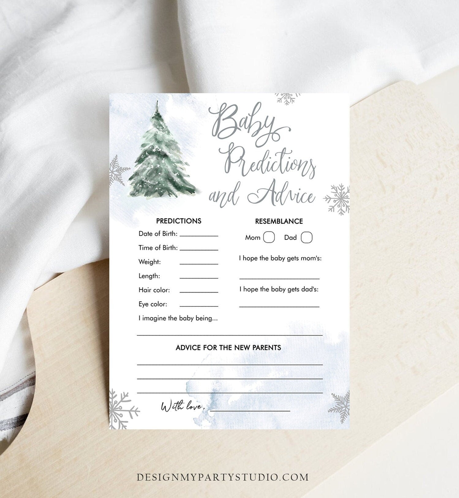 Editable Baby Predictions Baby Shower Game Advice for Parents Winter Cold Outside Shower Snowflake Boy Blue Digital Template Printable 0363