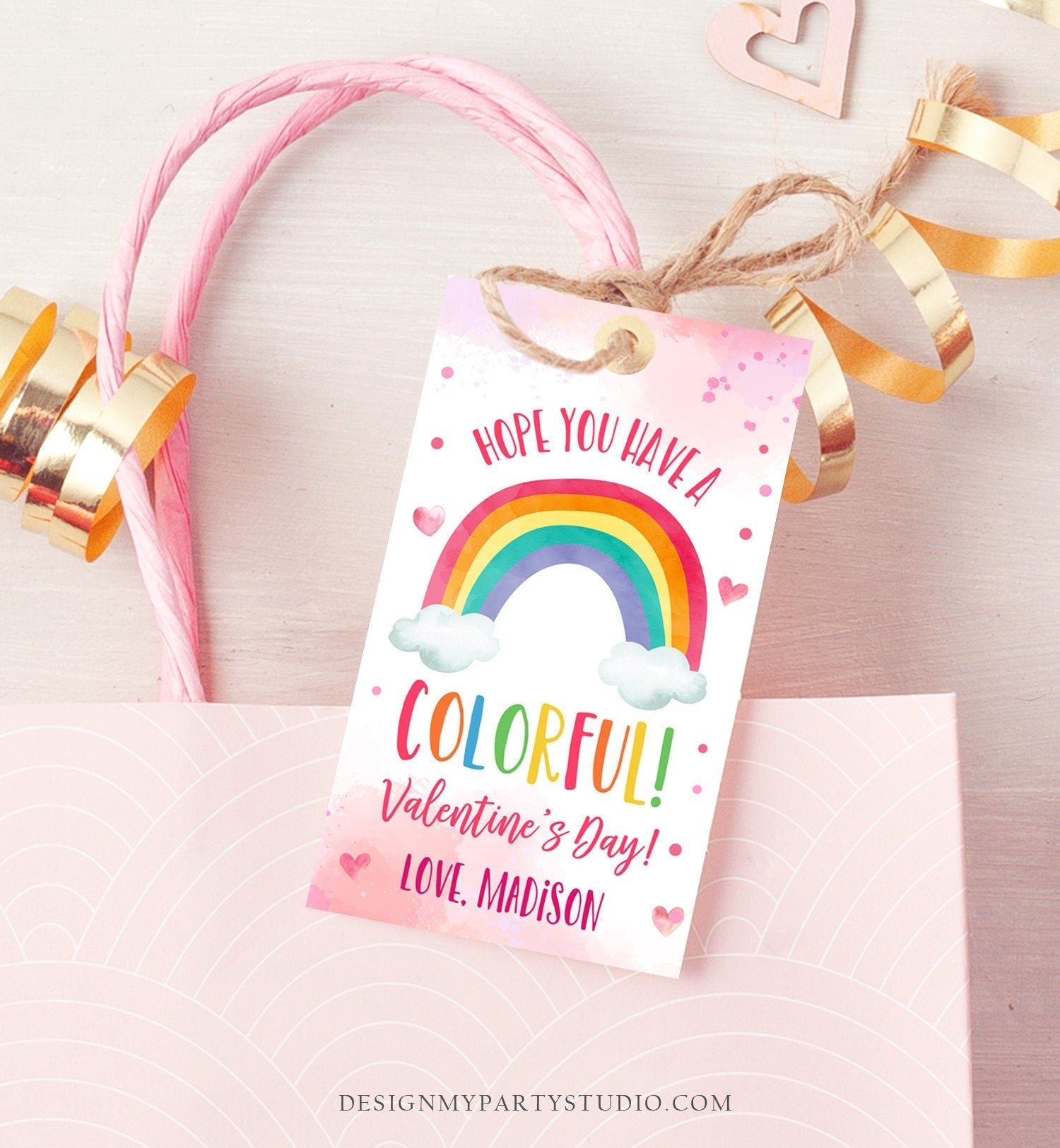 Editable Valentine Rainbow Favor Tag Thank You Over The Rainbow Colorful Valentine's Day School Digital Download Template Printable 0370
