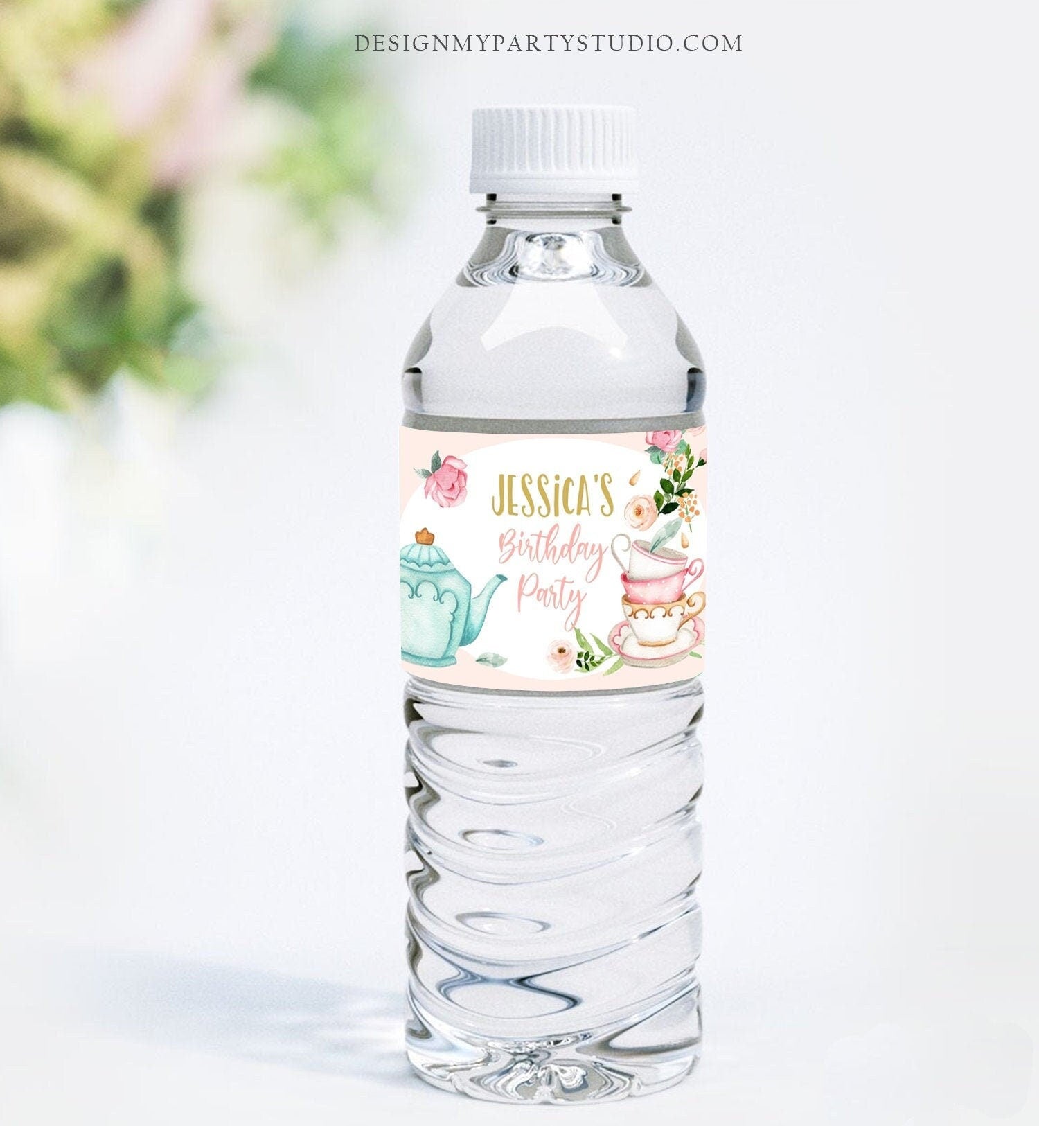 Editable Water Bottle Labels Tea Party Girl Birthday Tea for Two Birthday Flowers Pink Gold Digital Download Template Printable 0349