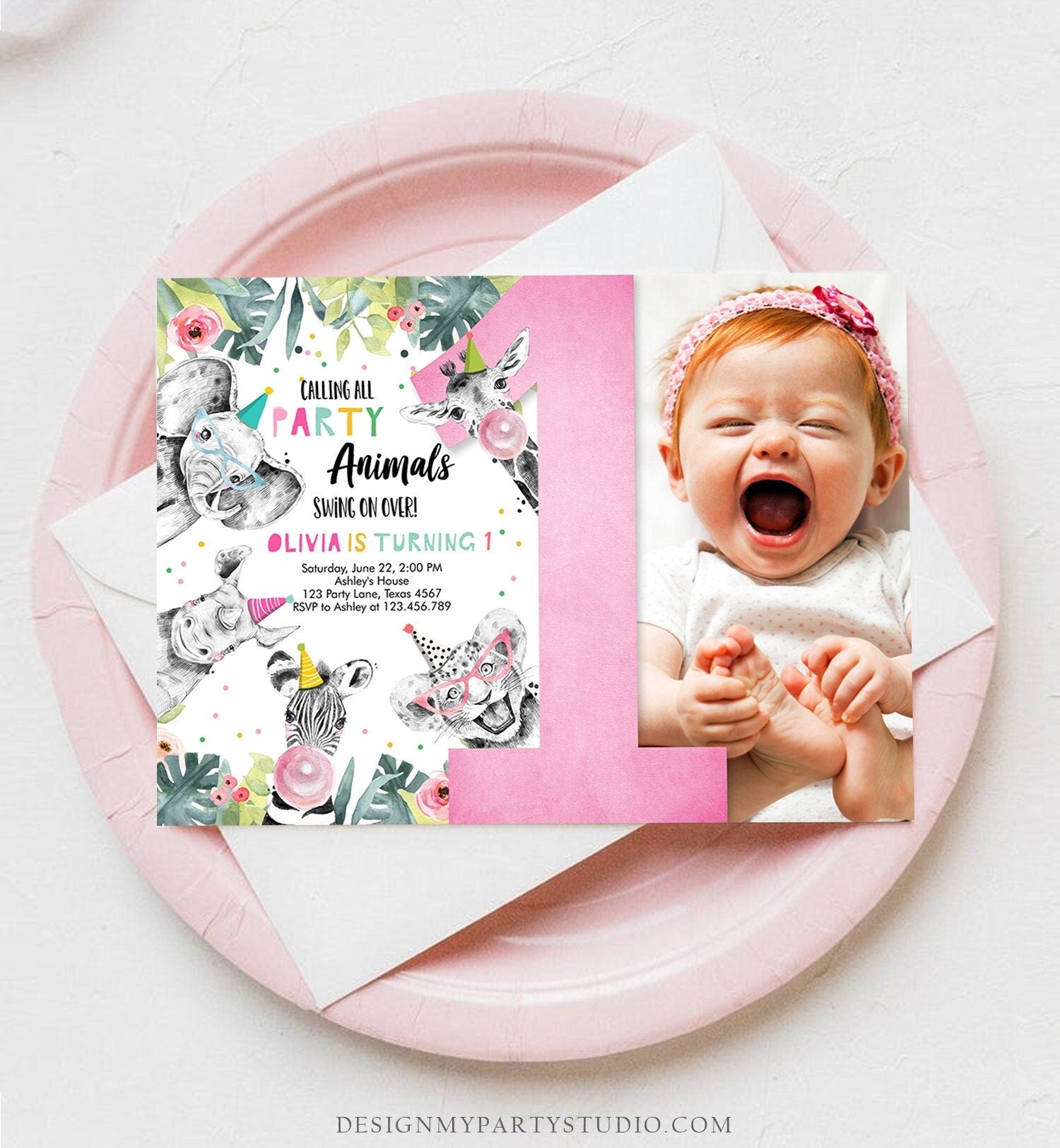 Editable Party Animals Birthday Invitation Wild One Animals Wild Safari Animals Girl Digital Download Evite Template Printable 0322