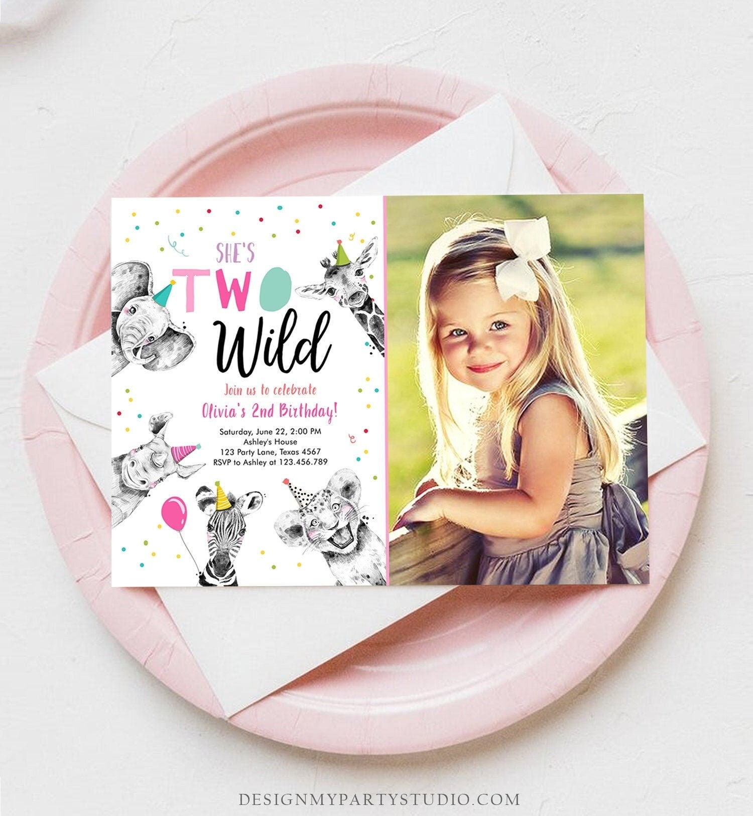 Editable Two Wild Birthday Invitation Safari Animals Party Animals Girl Pink Gold Second Birthday 2nd Digital Template Printable 0390
