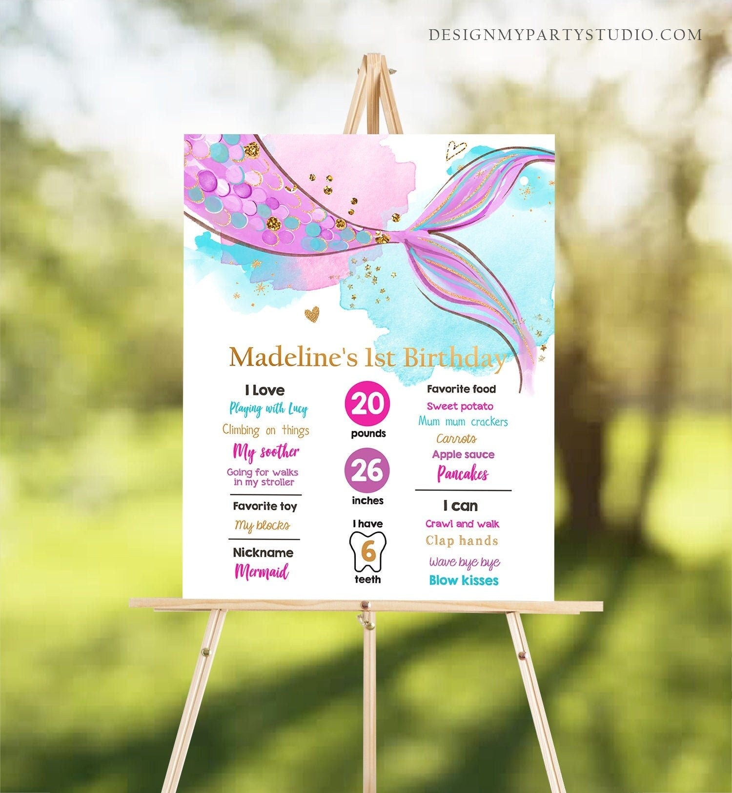 Editable Mermaid Birthday Milestones Sign Mermaid Tail Girl 1st Birthday Under The Sea Pink Purple Gold Digital Template Printable 0403