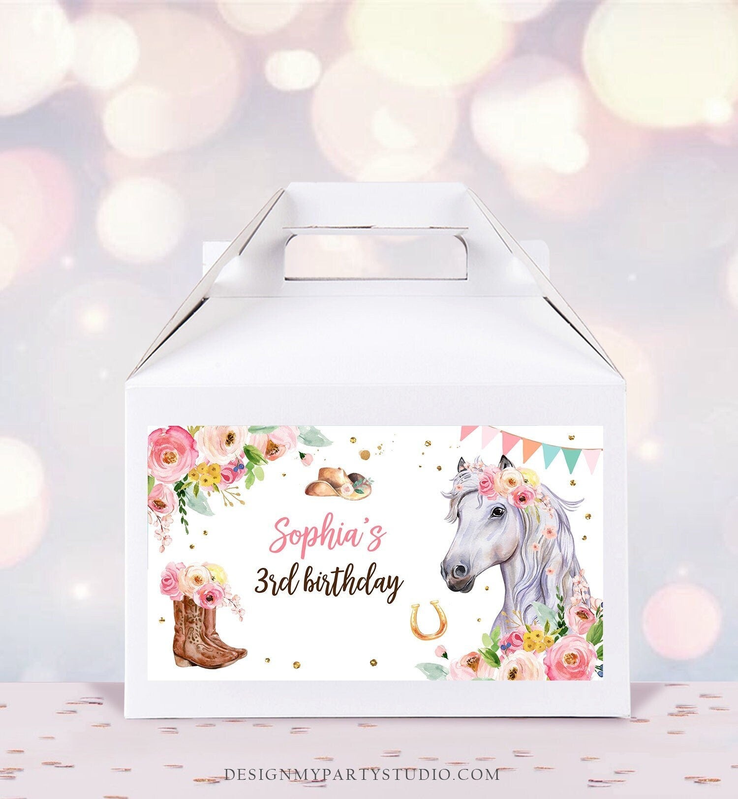 Editable Horse Birthday Gable Gift Box Label Cowgirl Birthday Favors Girl Treat Box Label Pony Party Floral Download Template Printable 0408