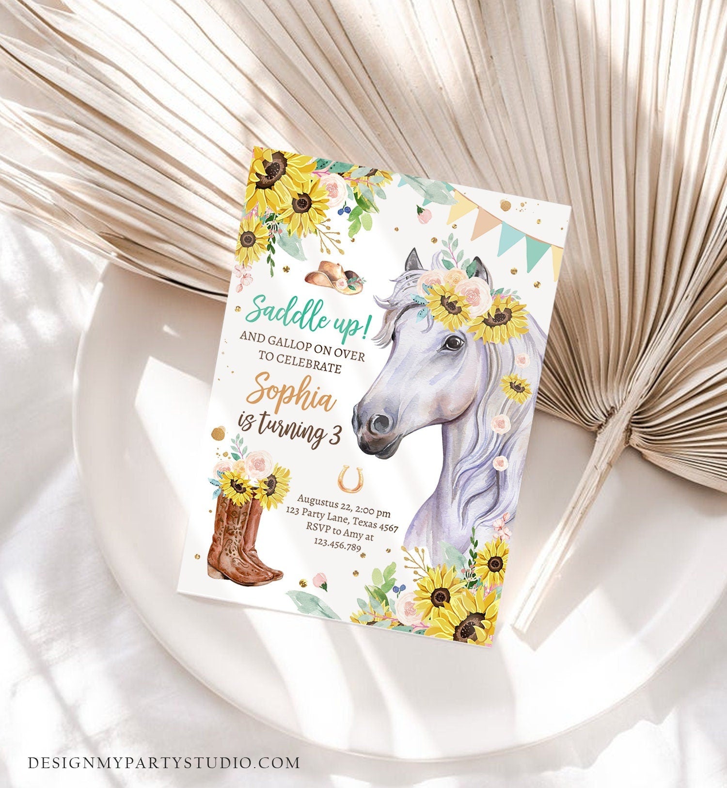 Editable Cowgirl Birthday Invitation Girl Saddle Up Watercolor Horse Horse Birthday Sunflowers Digital Download Template Printable 0408