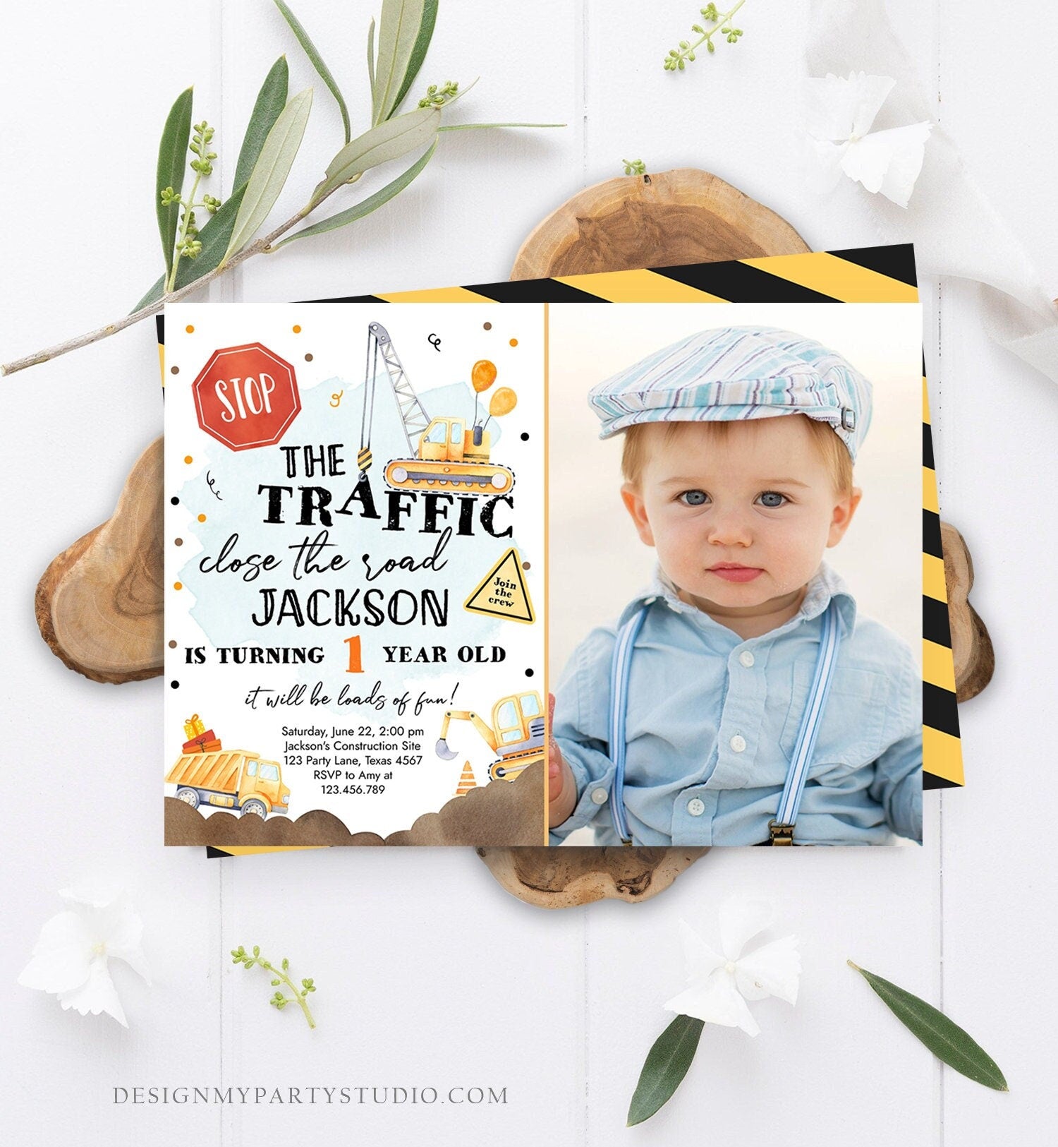 Editable Construction Birthday Invitation Yellow Dump Truck Excavator Caution Party Boy Digital Download Evite Template Printable 0374
