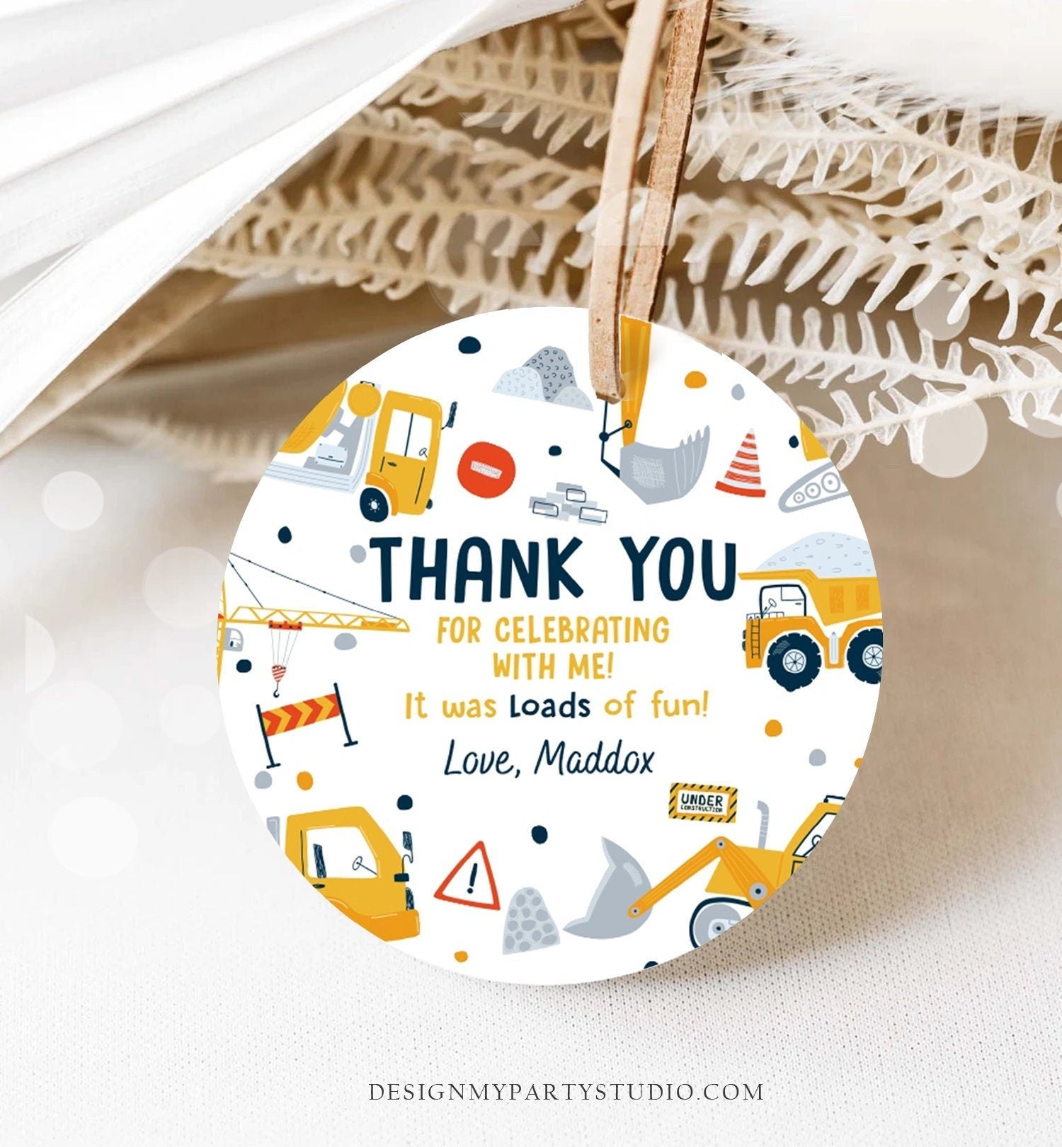Editable Construction Thank You Tags Construction Birthday Favors Sticker Boy Dump Truck Digger Party Digital Template Printable 0458
