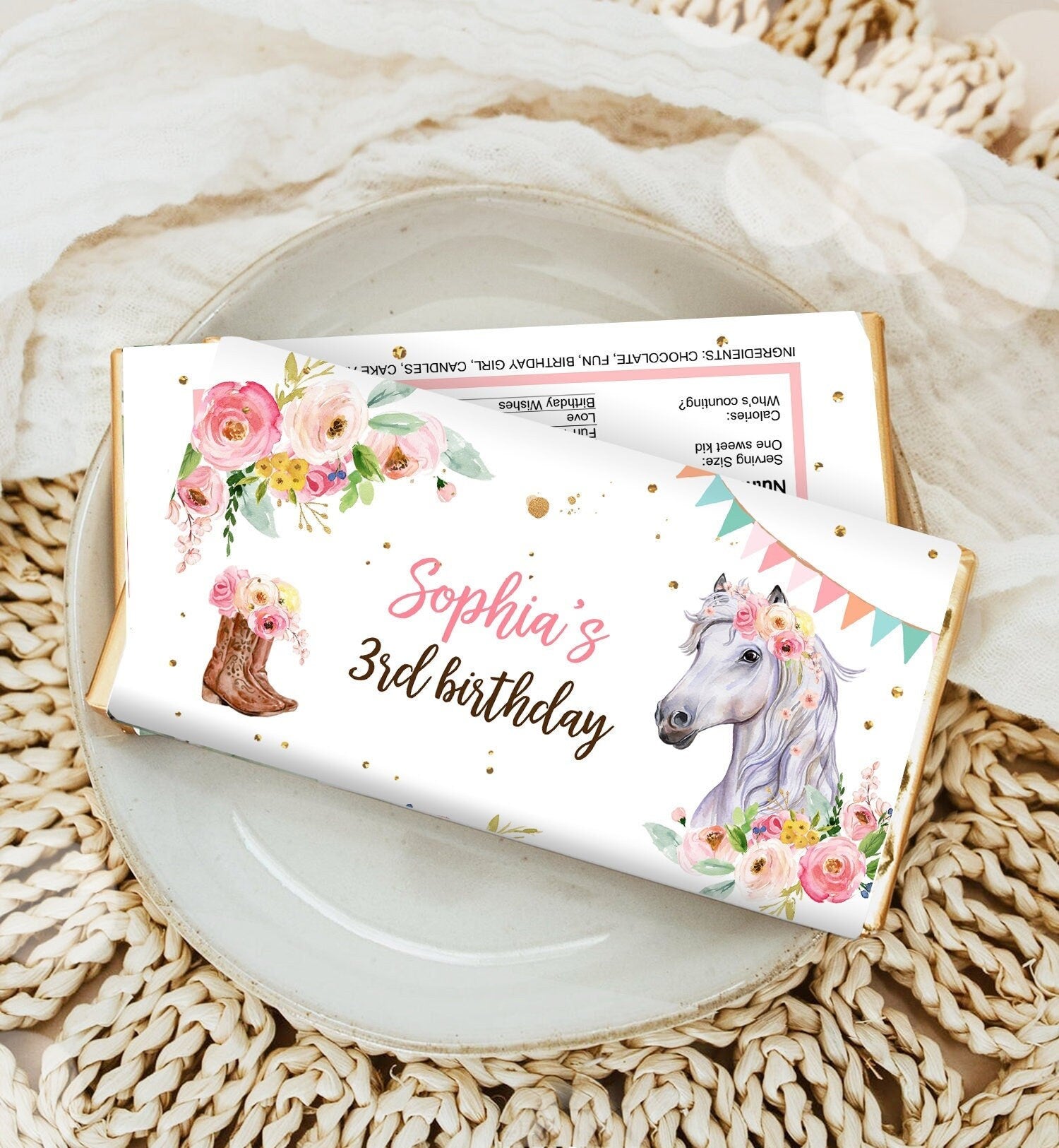 Editable Horse Chocolate Bar Labels Candy Bar Wrapper Horse Birthday Cowgirl Floral Girl Saddle Up Digital Download Template Printable 0408
