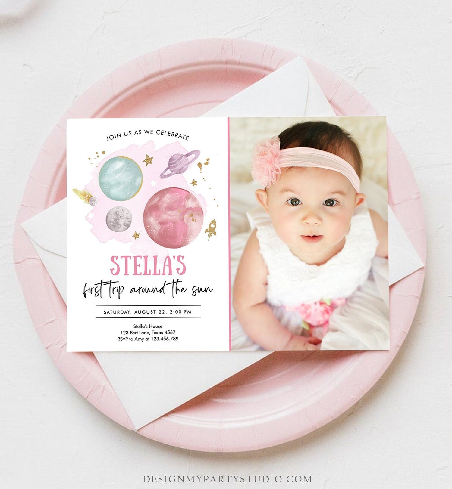 Editable Outer Space Girl First Birthday Invitation Galaxy Blast Off First Trip Around the Sun Pink Digital Download Template Printable 0357