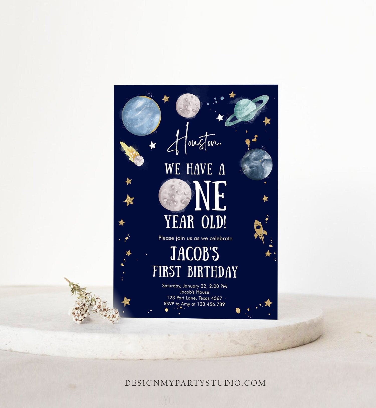 Editable Outer Space First Birthday Invitation Galaxy Houston First Trip Around the Sun One Digital Evite Template Printable 0357