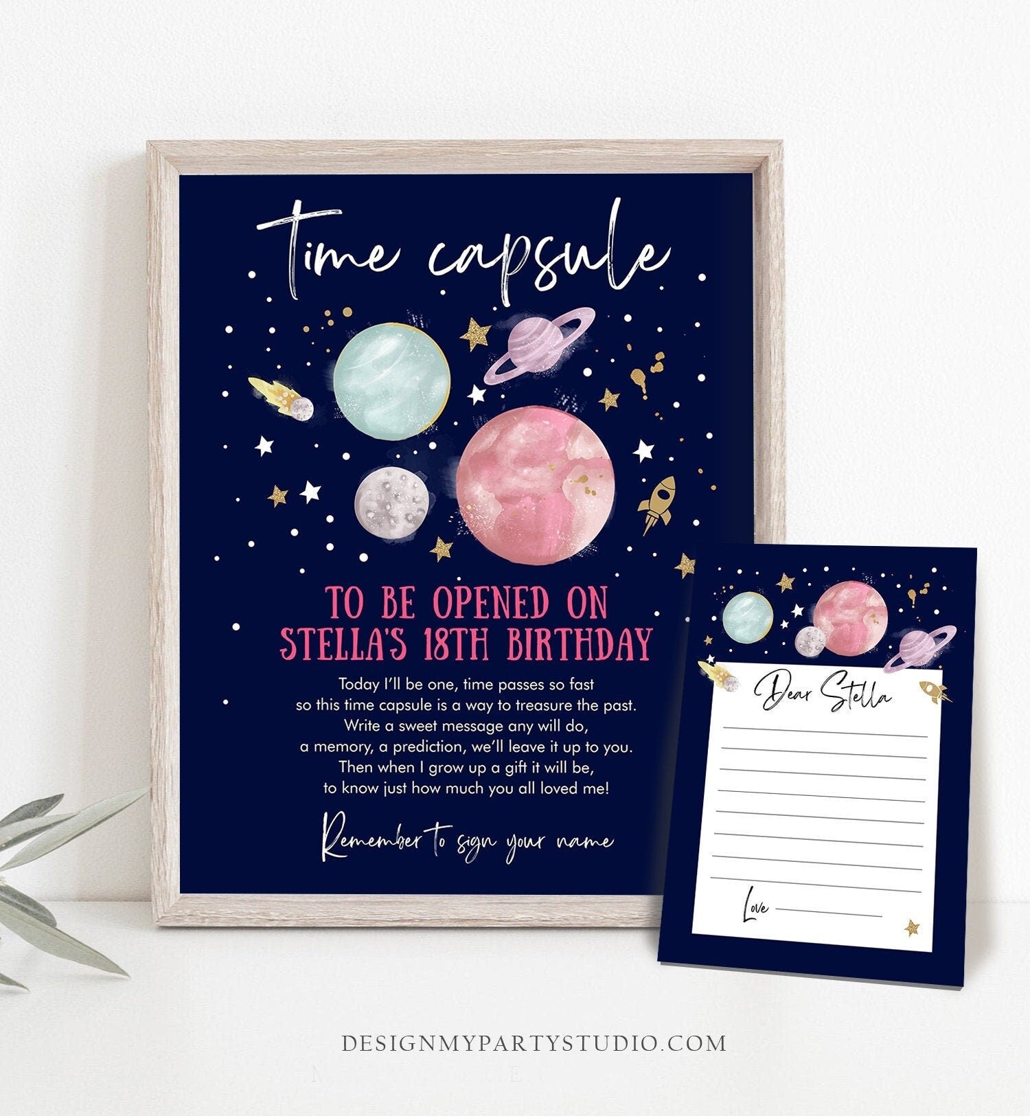 Editable Outer Space Time Capsule First Birthday Party Astronaut Rocket Girl Pink Moon Planets Guestbook Digital Template Printable 0357