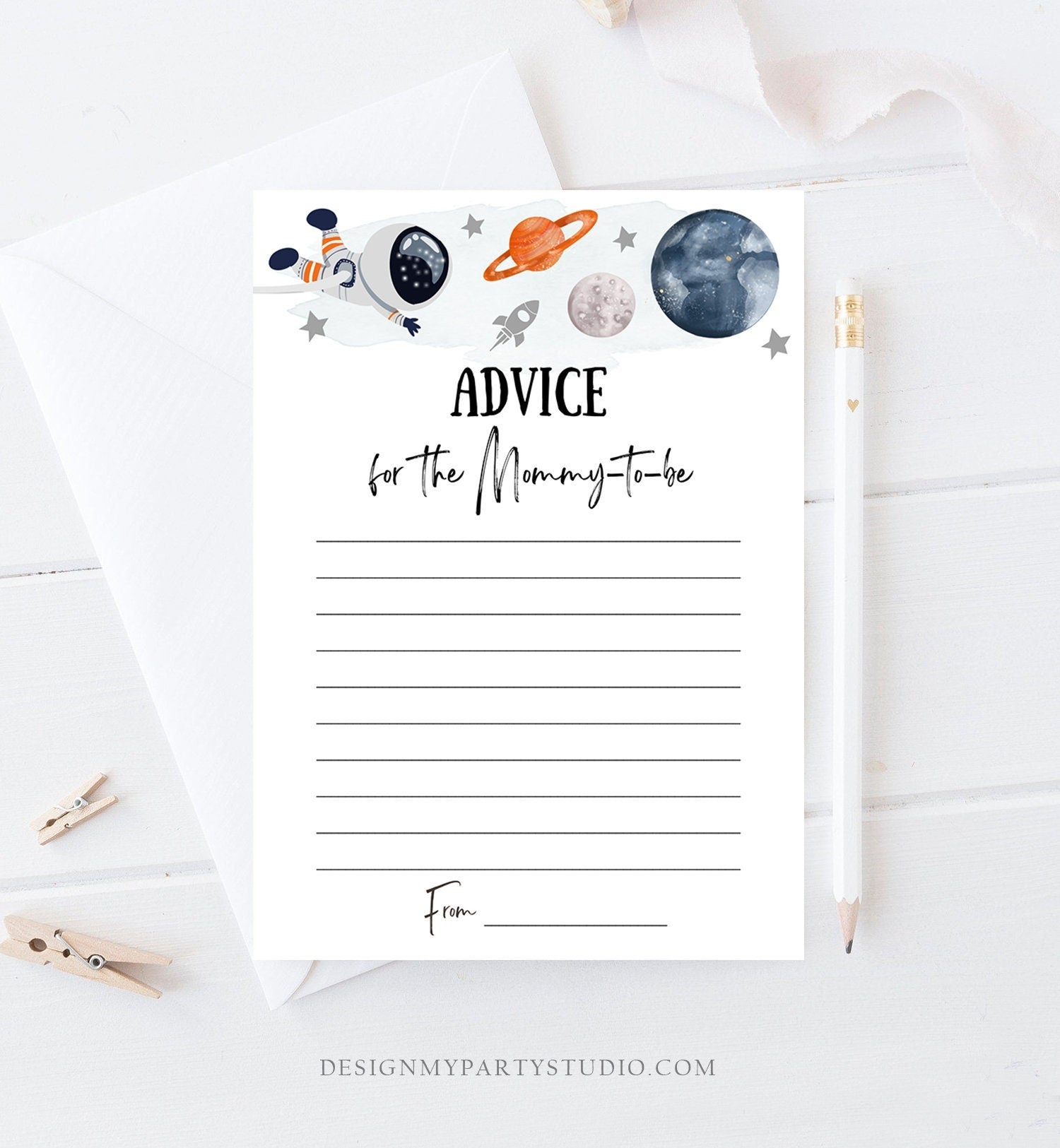 Editable Advice Card Baby Shower Game Advice for Mommy to Be Outer Space Planets Astronaut Orange Activity Digital Template Printable 0366