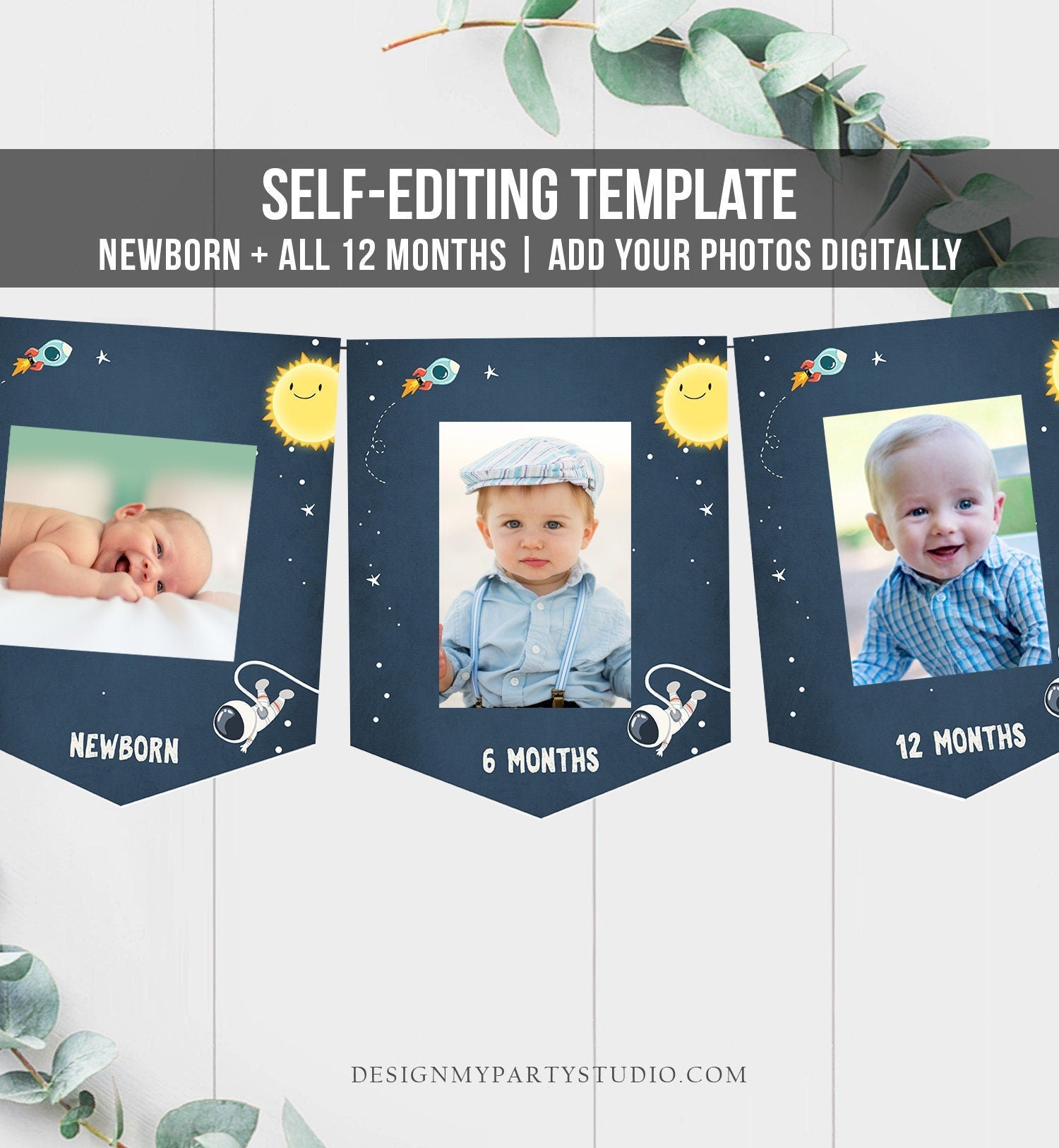Editable Outer Space First Birthday Banner Monthly Photo Banner Boy Astronaut Party Decor Space Digital Download Template Printable 0046