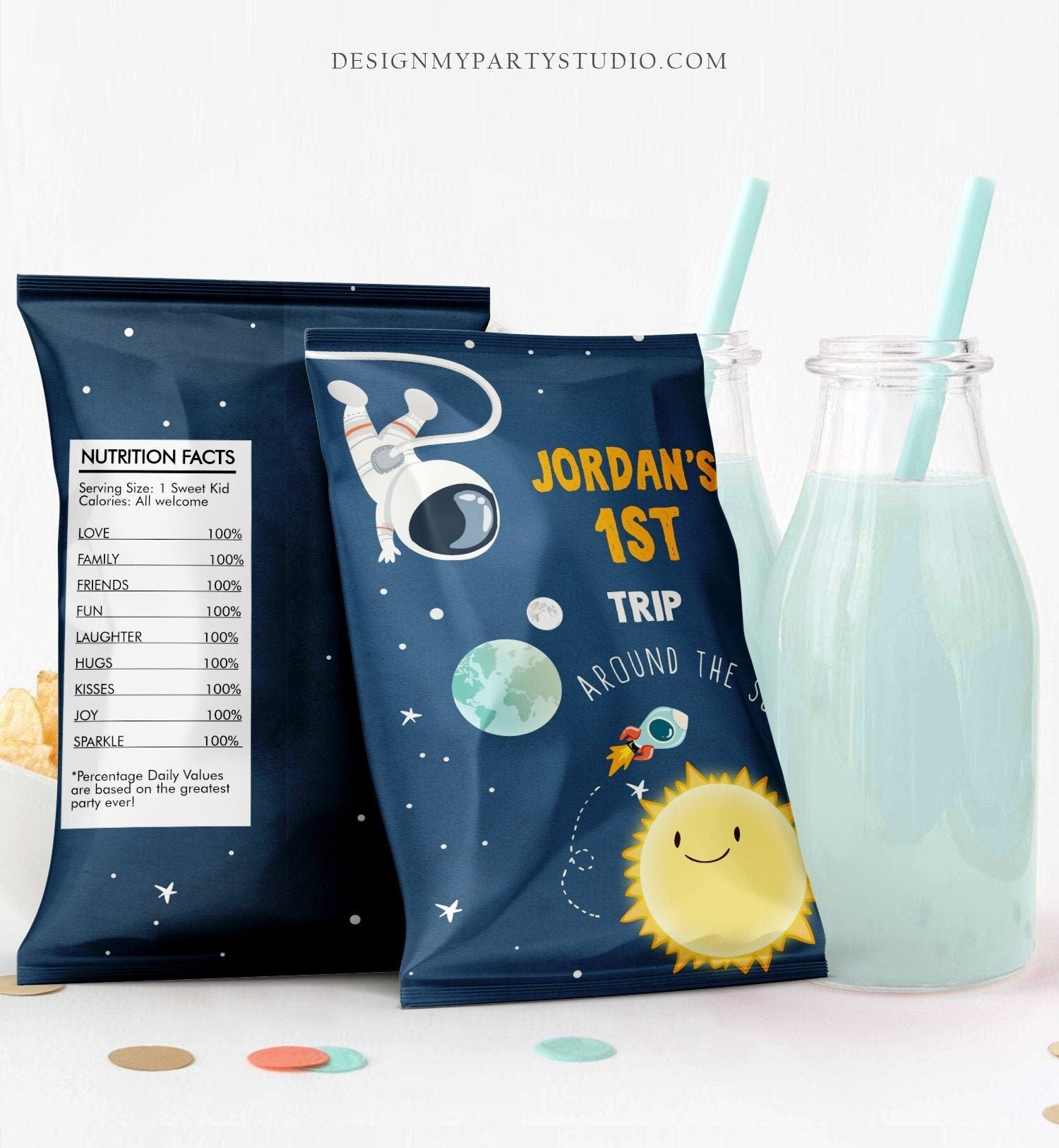 Editable Outer Space Chip Bag Outer Space Birthday Party Decor Boy 1st Birthday Astronaut Galaxy Snack Favor Digital Template Printable 0046
