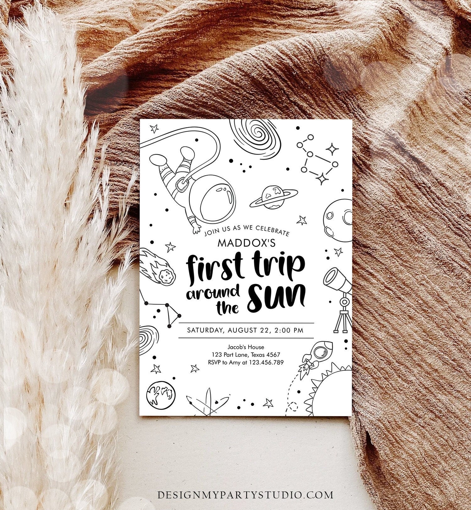 Editable Outer Space First Birthday Invitation Galaxy Blast Off First Trip Around the Sun Digital Download Evite Template Printable 0467