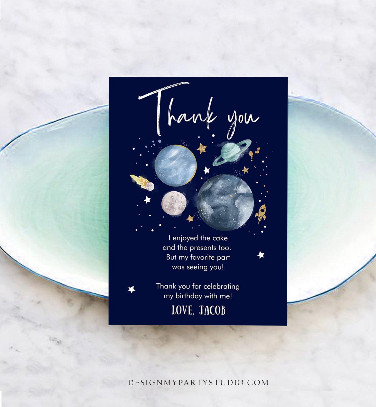 Editable Outer Space Birthday Thank You Card Space Astronaut To the Moon Galaxy Thank You Note Digital Download Template Printable 0357