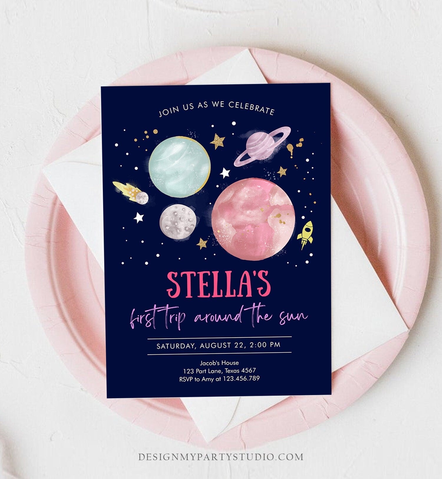Editable Outer Space Girl First Birthday Invitation Galaxy Blast Off First Trip Around the Sun Pink Digital Evite Template Printable 0357