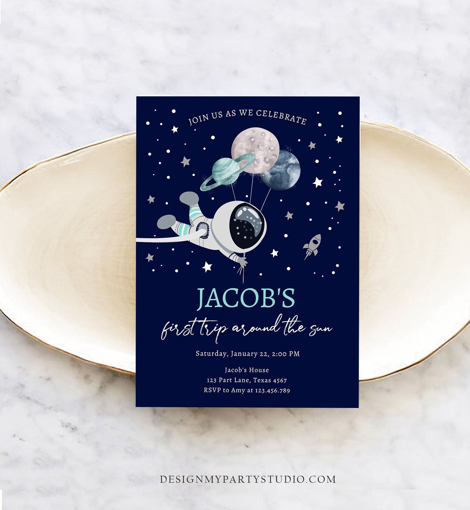 Editable Out of This World Birthday Invitation Outer Space Planets Rocket Ship Galaxy Astronaut Silver Boy Digital Template Printable 0366