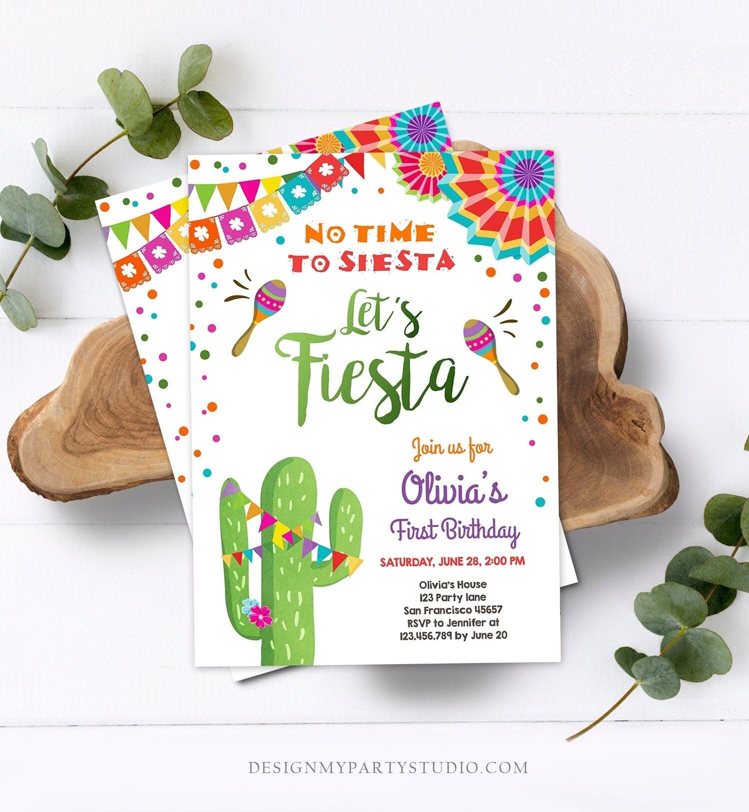 Editable Let's Fiesta Birthday Invitation No Time To Siesta Girl Cactus Samba Confetti First Birthday Download Corjl Template Printable 0045