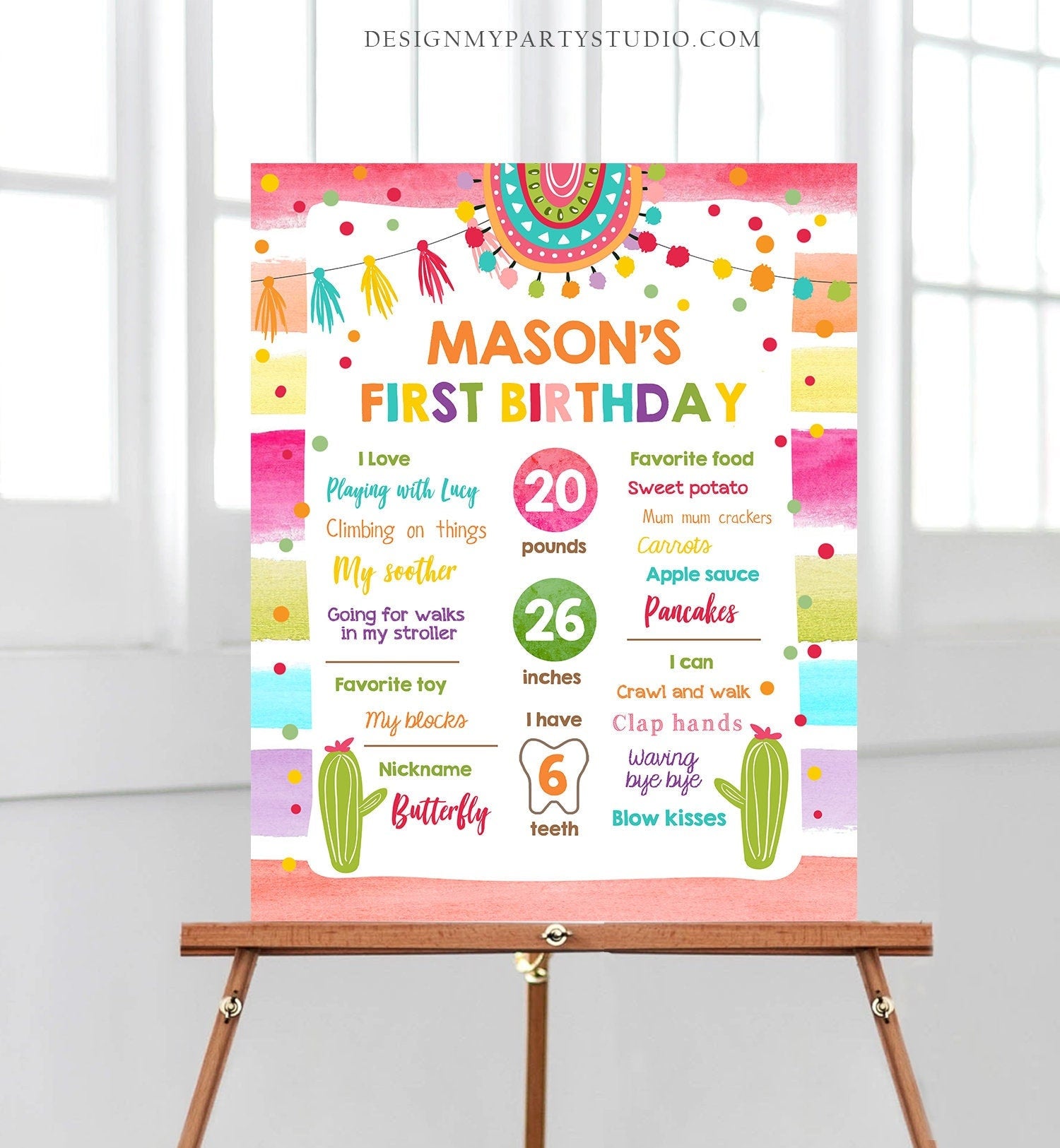 Editable Fiesta Birthday Milestones Sign Mexican Cactus Succulent Girl Boy Blue First Birthday 1st Digital Download Template Printable 0134