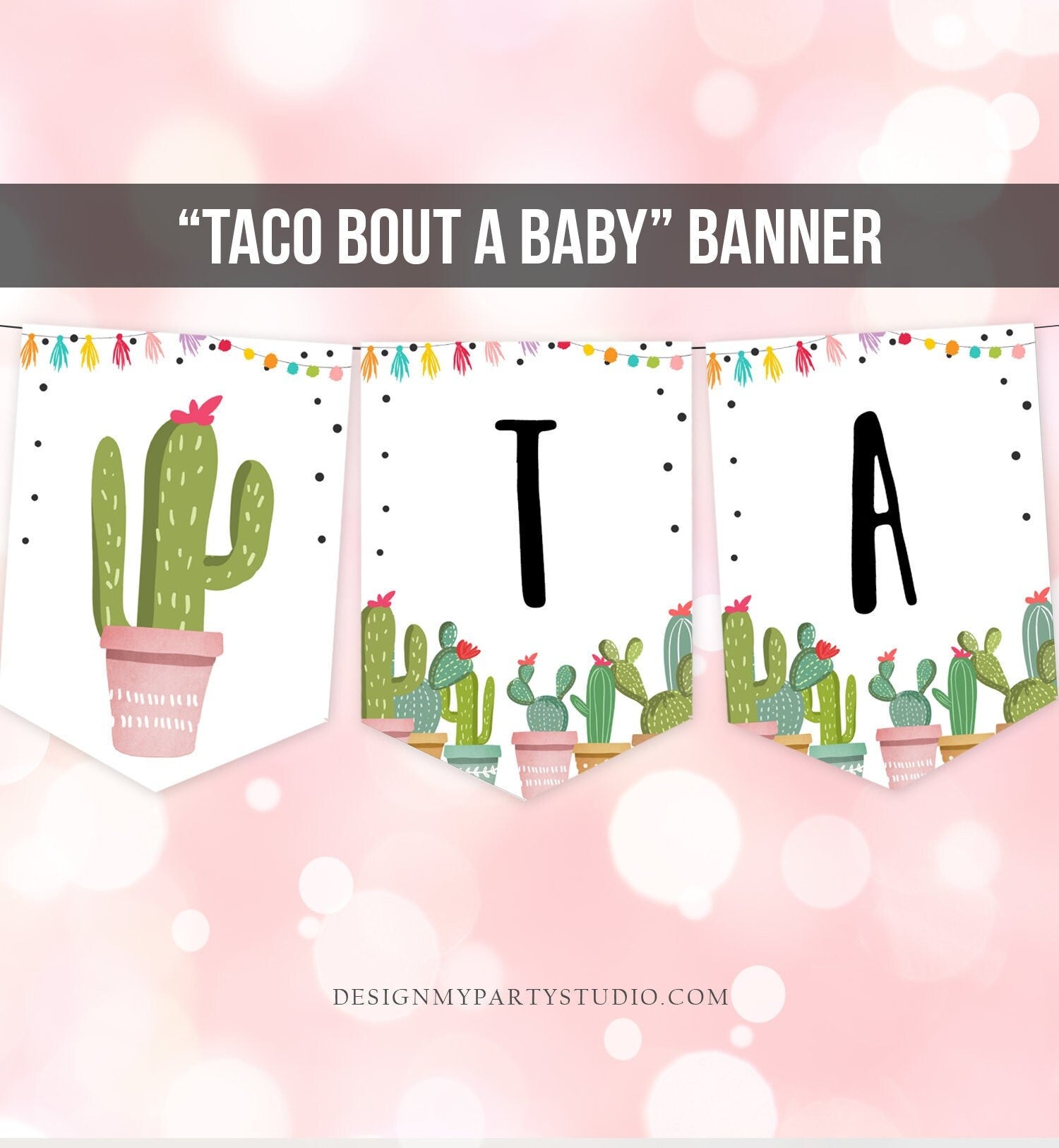 Taco 'Bout Two Banner Taco Twosday Birthday Banner Taco Bout Two 2nd Birthday Cactus Succulent Green Fiesta Digital Download Printable 0254