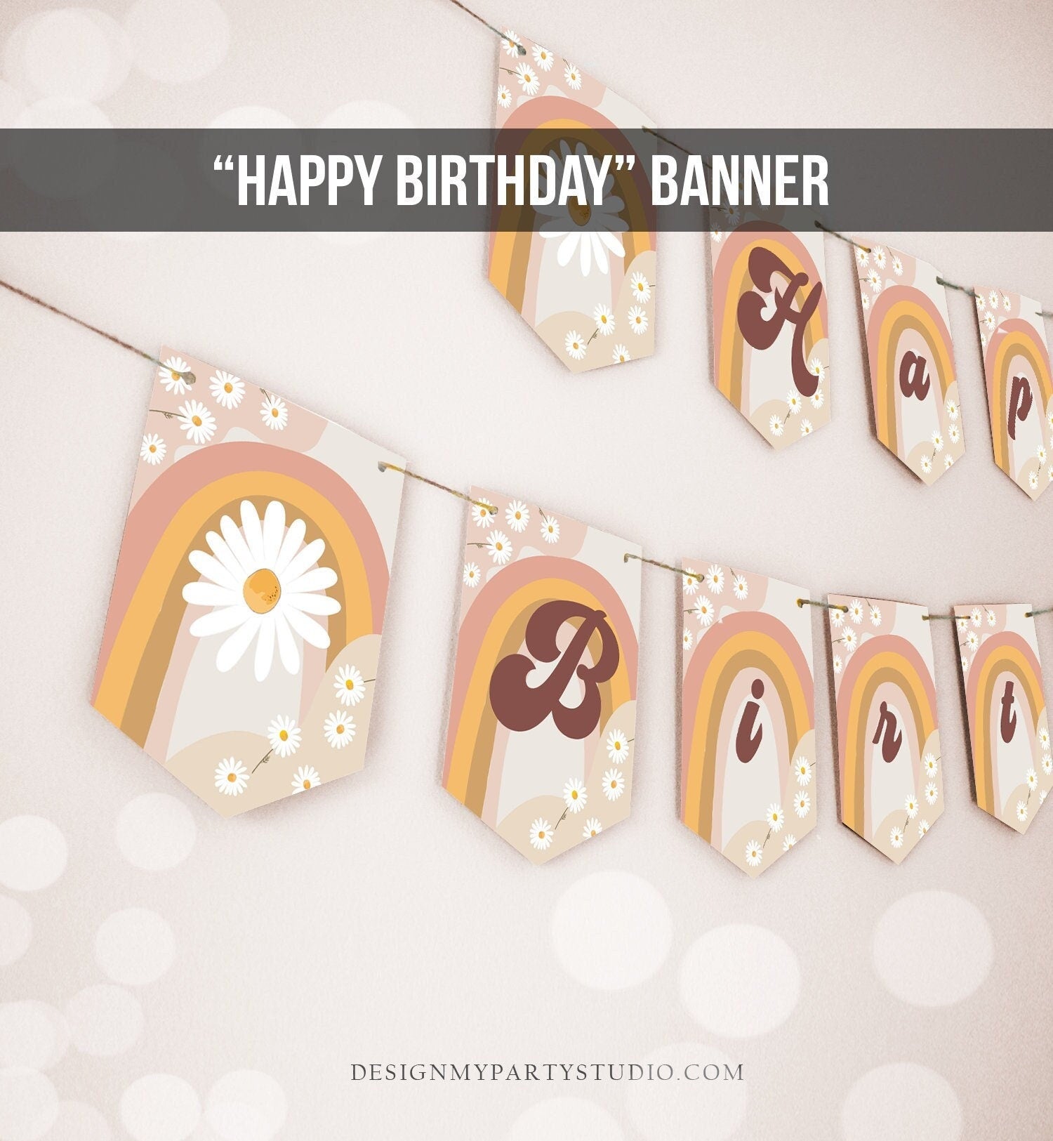 Happy Birthday Banner Daisy Birthday Banner Girl Groovy Party Decor Boho Retro Floral 70's Hippie Decor Digital Download Printable 0428