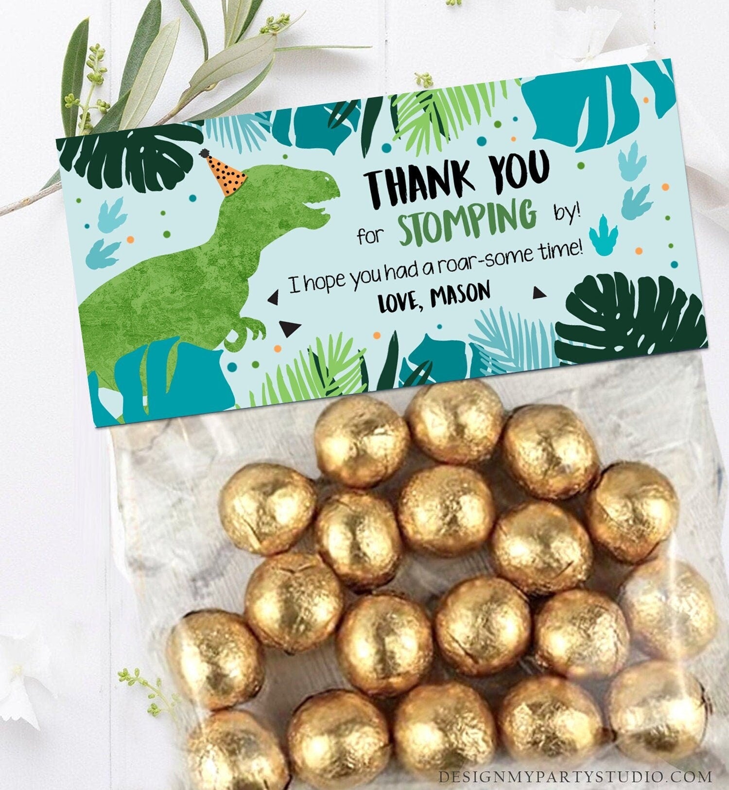 Editable Dinosaur Treat Bag Toppers Boy Dinosaur Birthday Party Thank You for Stomping By Three Rex Favor Digital Template Printable 0389