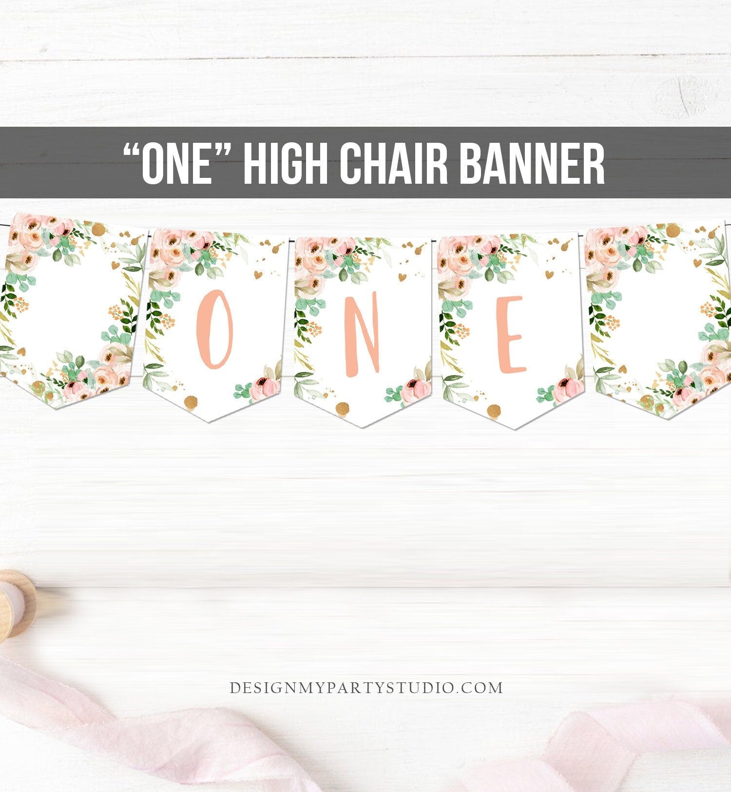 Little Miss Onederful High Chair Banner Pink Floral 1st Girl First Birthday Flowers Gold Pastel ONE Party Decor Digital Printable 0147