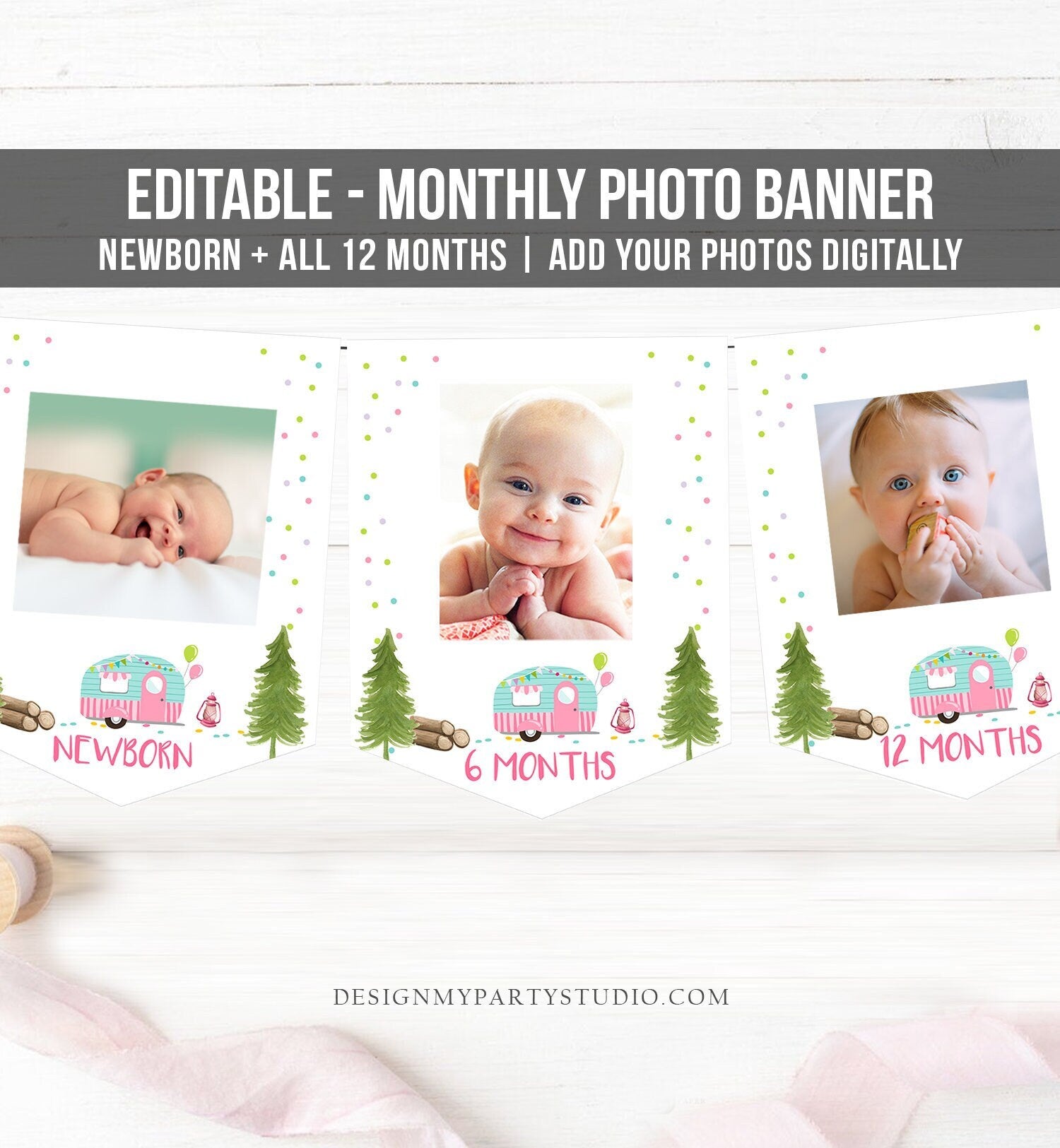 Editable Happy Camper Birthday Banner Monthly Photo Banner Glamping Party Camping Pink Girl Digital Download Template Printable 0342