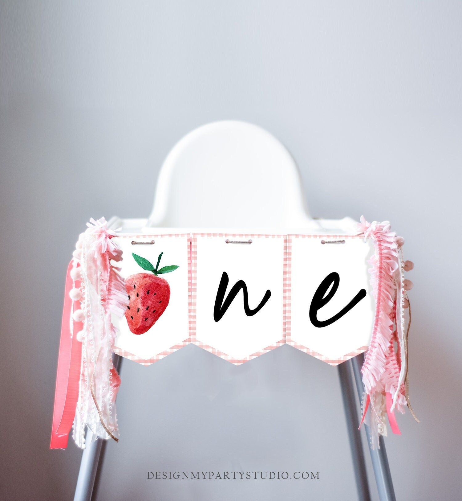 ONE Strawberry High Chair Banner Berry First Birthday Girl 1st Strawberry Garland High Chair Banner Fruit Party Decor Digital Printable 0399