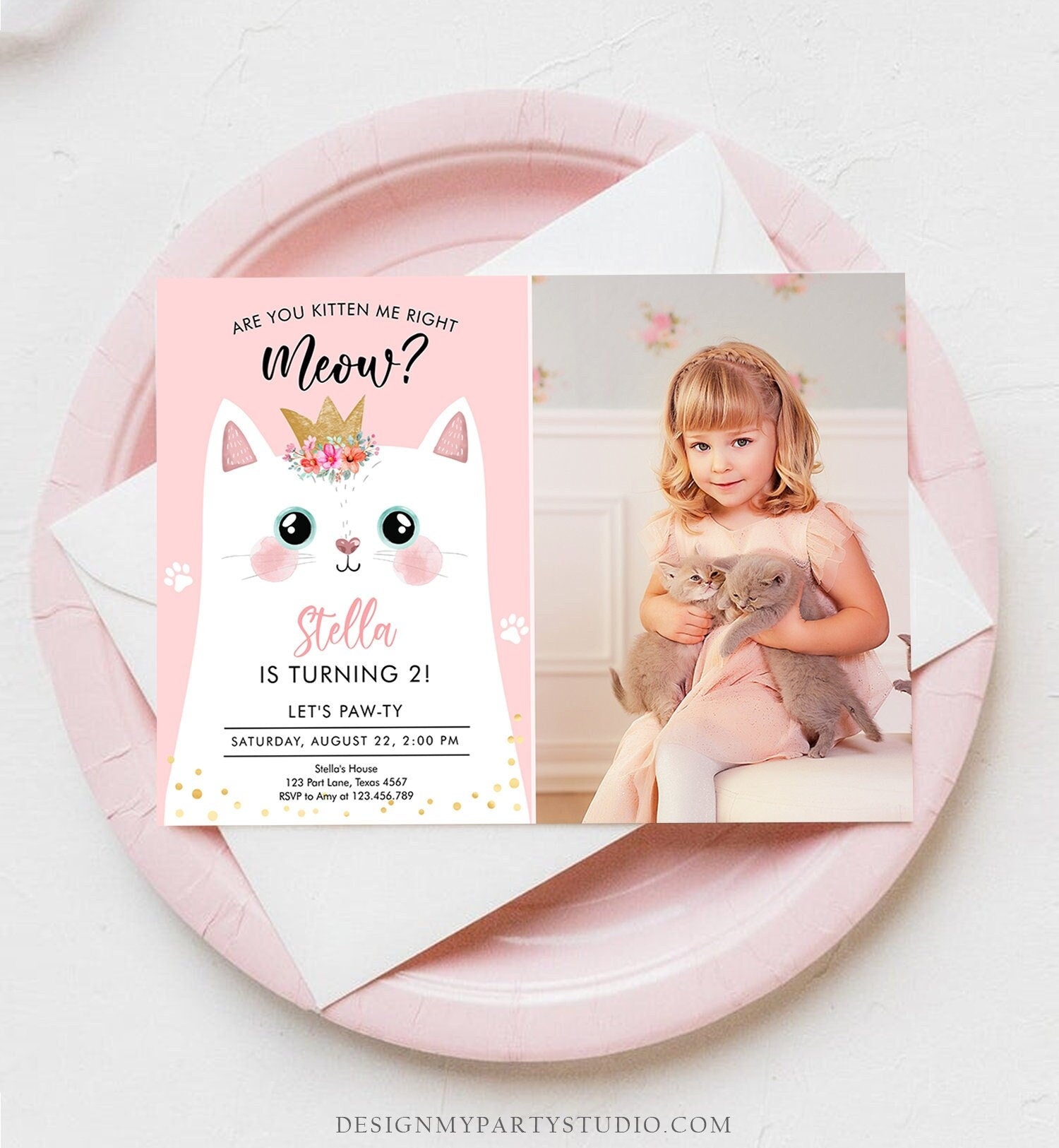 Editable Kitten Birthday Invitation Kitty Cat birthday Party Cat Invite Are You Kitten Me Pink Girl Digital Download Template Printable 0381