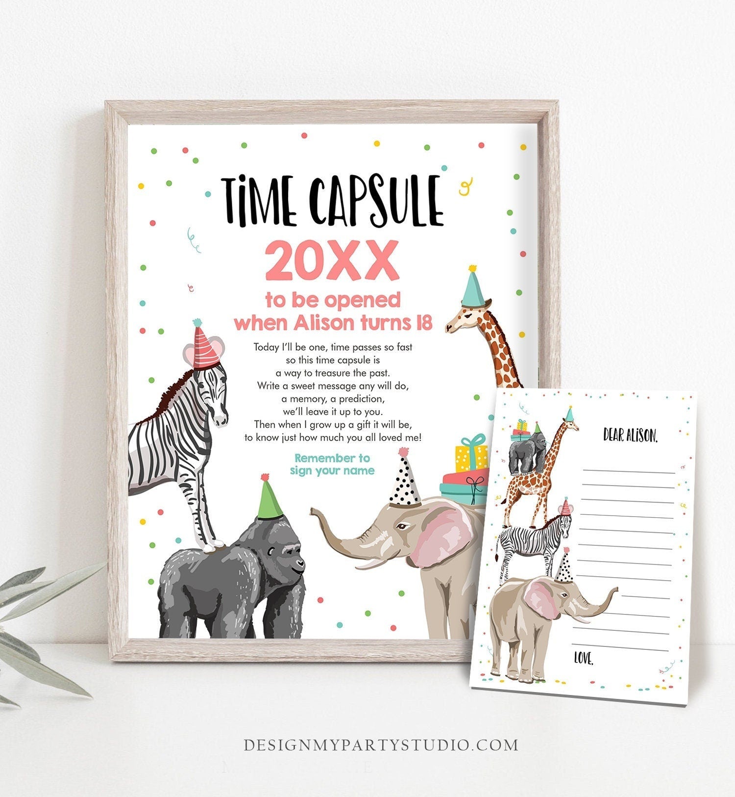 Editable Party Animals Time Capsule Girl Pink First Birthday Wild One First Birthday Zoo Safari Animals Digital Template Printable 0142