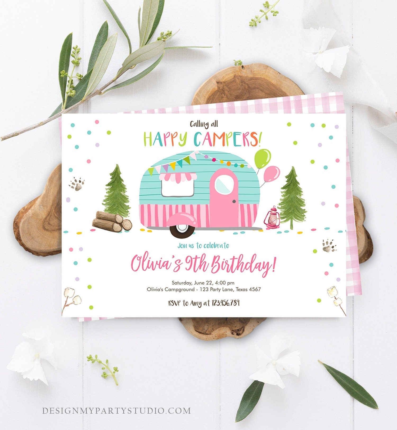 Editable Happy Camper Birthday Invitation Girl Pink Camping Party Pink Camper Glamping Digital Download Evite Template Printable 0342